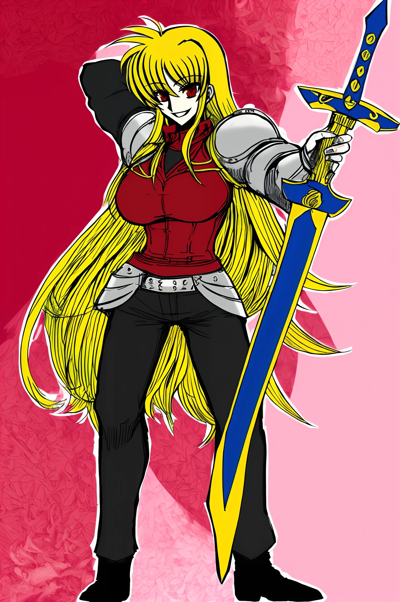 fate testarossa,magic blade, mahou shoujo lyrical nanoha, full body, large breasts, medieval, blonde hair, red eyes black clothes, warrior, pants, medieval clothing, medieval fantasy, holding up blade,smile