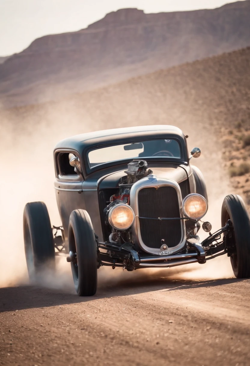 ultra futuristic areodinamic hot rod race in the old west, dusty,...