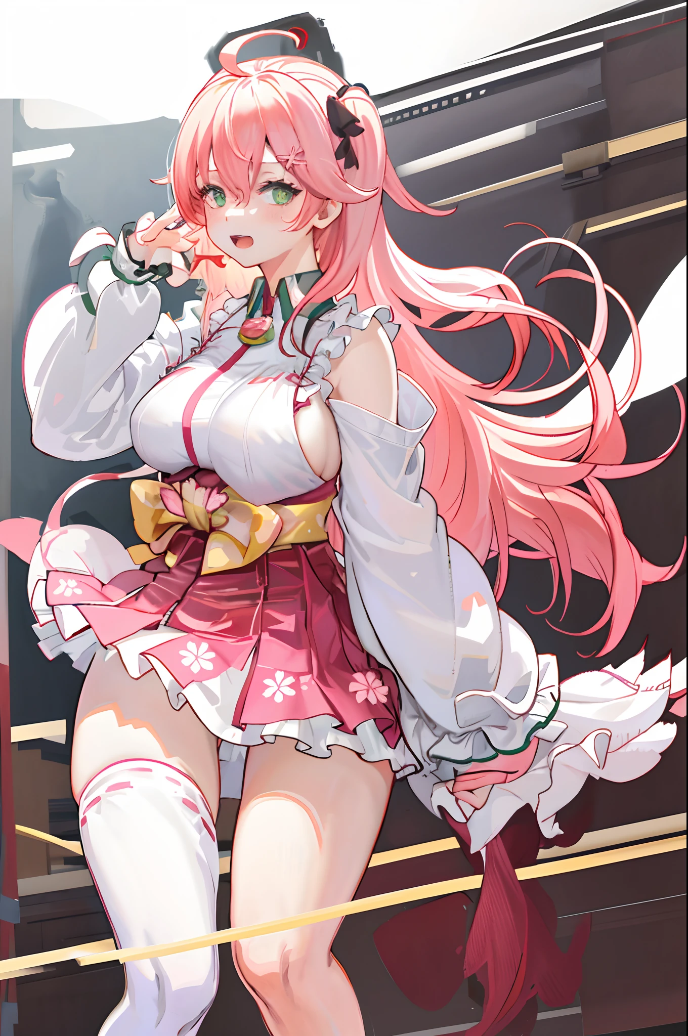 masterpiece, best quality, highres, miko1, sakura_miko, 1girl, medium_boobs, solo, ahoge, x_hair_ornament, pink_hair, floral print, hairclip,(side_less_clothes:1.5), (side_boobs:1.5), hair_bell, floral print, long_hair, hair between eyes, one side up, white thighhighs, asymmetrical legwear, wide sleeves, open_mouth,(happy:1.3),green_eyes,big_smile,(raise_leg:1.3),plump,apart_legs,(overly_long_sleeves:1.3),),sleeves_past_wrists,hands_hidden_sleeves,sidelock_clothes,solo,hidden_wrists,(XD:1.5),covered_nipples,plump,sunlight,(bare_flank:1.3)