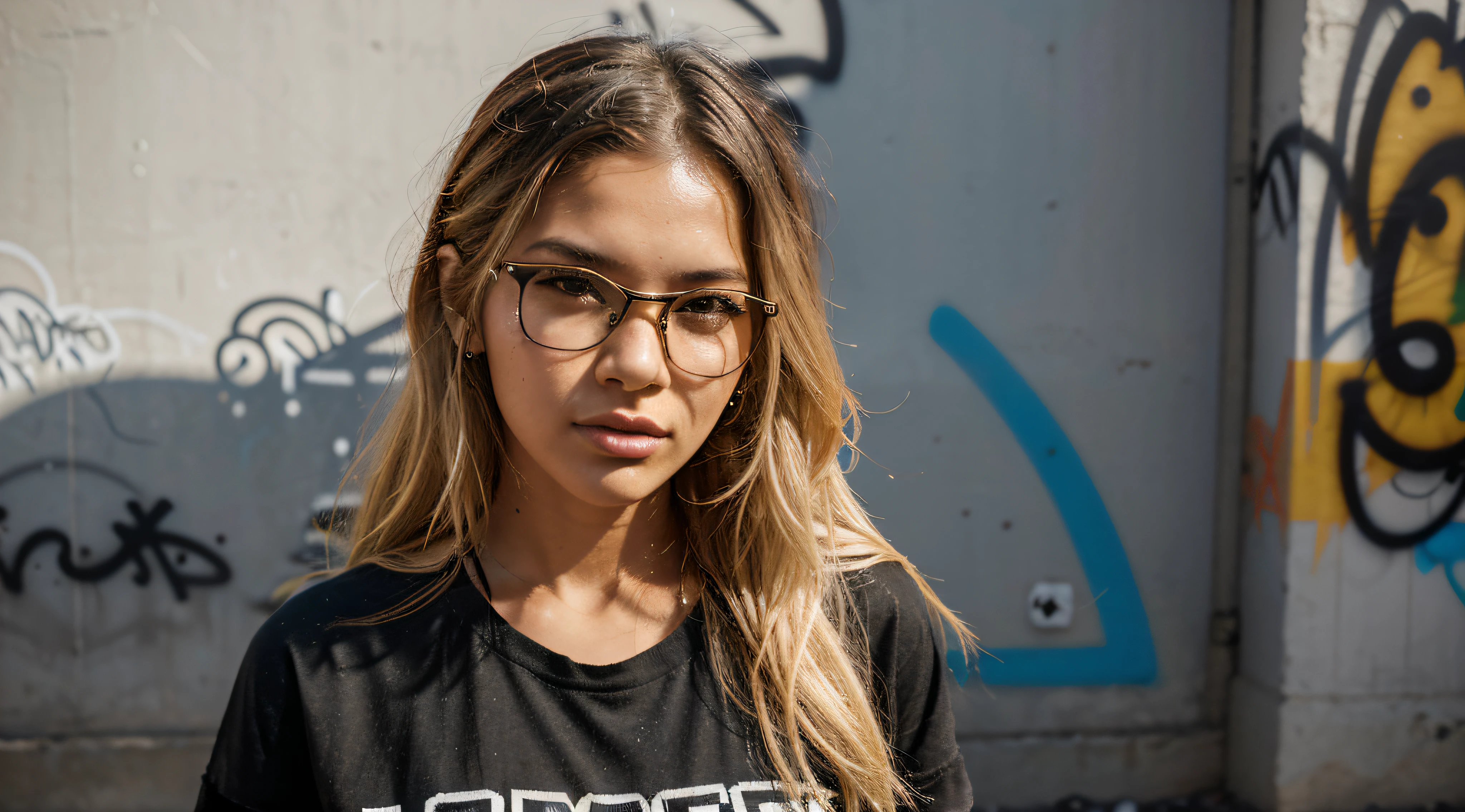 Generate an image of a 20-year-old Brazilian woman with a light complexion and blonde hair. Place her in an urban setting with a graffiti-covered wall as a background, showcasing a mix of street art and abstract paintings. Emphasize her youthful appearance, incorporating vibrant and bold tribal Chinese tattoos that contrast with her skin. Style her hair in loose, beachy waves to complement the laid-back vibe. Dress her in casual, edgy clothing, perhaps a black t-shirt with neon designs, reflecting a modern and urban aesthetic. Consider adding piercings and fashionable eyewear to enhance her individual expression. Ensure the overall composition captures the dynamic blend of youth, urban culture, and personal style against the backdrop of graffiti and abstract art