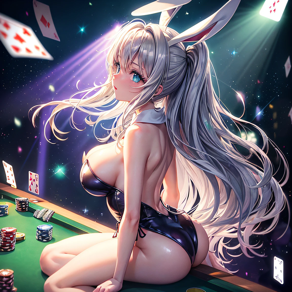 ((worst quality, low-quality)), profile, Taken from the side, a closeup, facefocus, Rabbit eared girl, Solo, ((Green Playboy Bunny)), slender, ((Large breasts)), ((Long silver hair)), Hair over one eye, plump shiny lips, Beautiful clear eyes, (blue eyess, kirakira), Spoken Heart, ((Playboy Bunny)),Wear a loose-fitting hoodie jacket, fishnet tights, embarrassed, (light Particle, light glow, llight rays:1.4), ( Casino background, Falling playing cards:1.3), high-angle shot, Casino, Best Quality,ultra-detailliert, masterpiece,