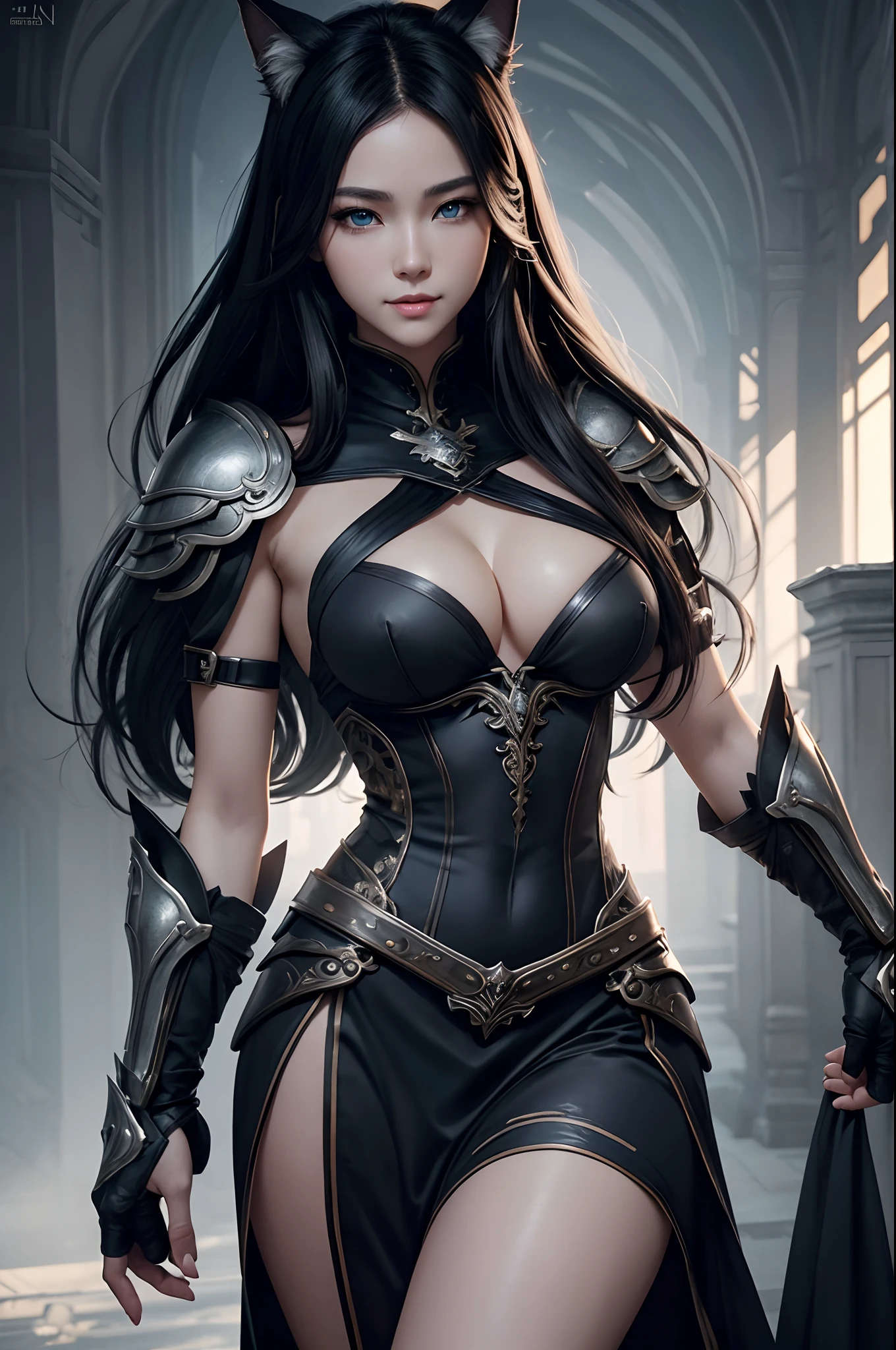 8K,Close-up of a woman in a black and white dress with small breasts、Dark hair、Werewolf with small breasts,Super beauty,(Lifelike)Blue eyes,,Chengwei Pan on Artstation、 Yang J 作、 Intricate fantasy art、Stunning character art、 Fanart Meilleure ArtStation、 Magnificent and elaborate character art、 Maid's Armor、Highly detailed artgerm、 Detailed Digital Animation Art、 ArtGerm on ArtStation Pixiv、 Girl in armor、dynamic ungle、超A high resolution、a smile、real looking skin、魅惑的、A sexy、active、Wolf ears,