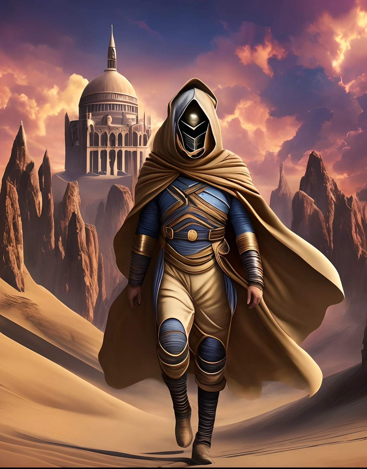 dune, alia, wearing a fremen mask and a beige cape with hood, in front of a castle, 4k --auto --s2