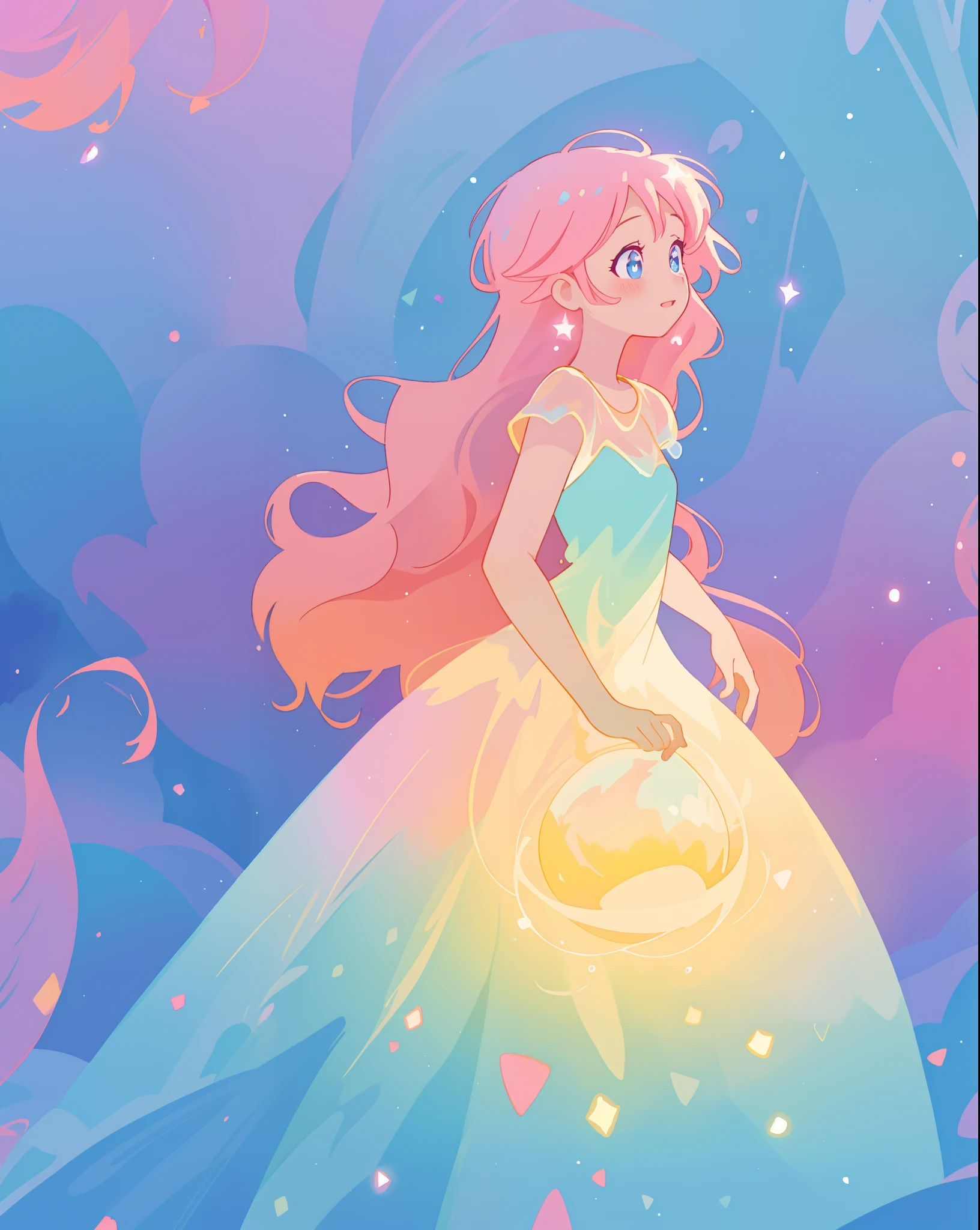 beautiful girl in sparkling gradient ballgown, long wavy peach pink hair, vibrant pastel colors, (colorful), colorful watercolor background, ethereal, magical lights, sparkling liquid light, inspired by Glen Keane, inspired by Lois van Baarle, disney art style, by Lois van Baarle, glowing aura around her, by Glen Keane, jen bartel, glowing lights! digital painting, flowing glowing hair, glowing flowing hair, beautiful digital illustration, fantasia background, whimsical, magical, fantasy, beautiful face, ((masterpiece, best quality)), intricate details, highly detailed, sharp focus, 8k resolution, sparkling detailed eyes, liquid watercolor