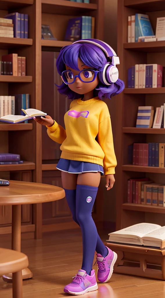 The dark-skinned nerdy girl has a slender body with large, proportionate breasts, a perky butt, toned legs and a confident posture. Her colorful hair is a vibrant mix of blue and purple, standing out in loose curls. The eyes express curiosity with a deep amber tone. She wears a low-cut constellation-print sweater over a high-waisted skirt. Knee-high socks and comfortable sneakers complete her look. She is sitting in a library, surrounded by shelves full of books. The 3D pose shows his excitement as he holds an open book, displaying an educational hologram. Its headphones are stylish, with subtle LED lights. The soft color palette stands out against the intellectual environment of the library.