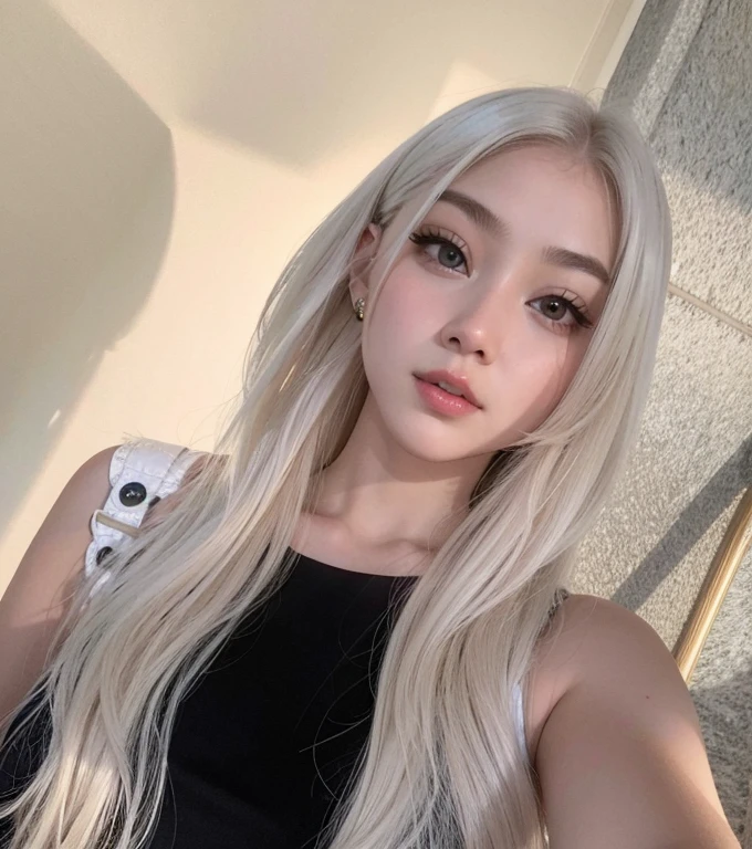 Menina de cabelos loiros com cabelos longos e um top preto tirando uma selfie, com cabelos longos brancos, menina perfeita de cabelos brancos, com longos cabelos brancos, Ulzzang, menina com cabelo branco, longos cabelos loiros e olhos grandes, longos cabelos loiros e olhos grandes, menina coreana, Tifa Lockhart com cabelos brancos, Sakimichan, pale porcelain white skin