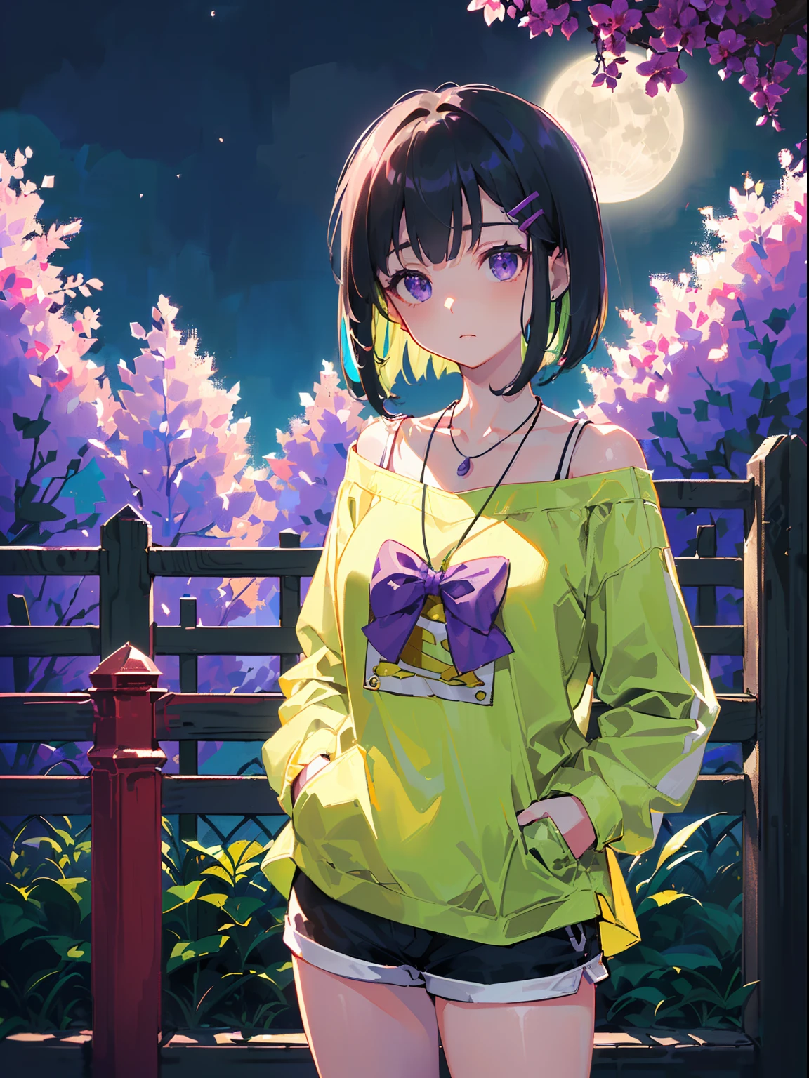((((carrying a bass,))))((hands in pockets,))(Masterpiece illustration,Beautiful and aesthetic:1.2,aim to viewers,from below), Best quality,Top quality, Epic quality,((((Fence wall,violet,outdoor,))))(moonlight,moon glare, god light,))Neat face,underage,mature,Beautiful detailed hair,black hair,hyper HD, retinas, Textured skin, A high resolution, 16k ,((hairclip,steep bangs,sidelocks,short hair,Large bow on hair)),Detailed face, 1JK, lady,Solo, Perfect face, Very amazing girl,((off shoulder,long sleeves,green streaked white t-shirt,frills,short shorts,ruby necklace)),rim-light
