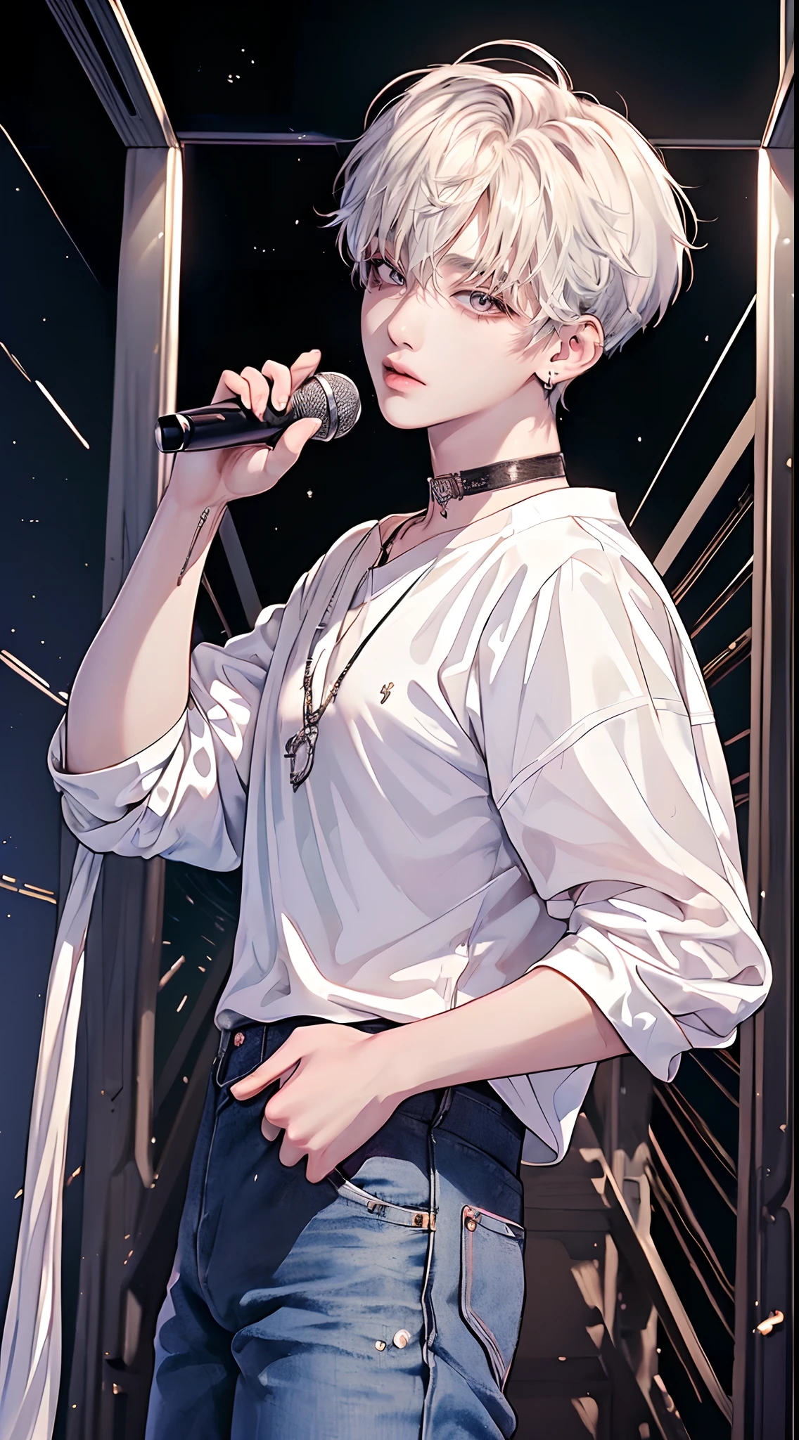 ((4K works))、​masterpiece、（top-quality)、((high-level image quality))、((One Manly Boy))、Slim body、((Attractive and sexy jeans fashion))、((Men's Fashion))、(Detailed beautiful eyes)、In a soundproof room、Record a song、Face similar to Chaewon in Ruseraphim、((short hair above the ears))、((Smaller face))、((Neutral face))、((White hair))、((Brown eyes))、((Korean boy))、((18year old))、((Handsome man))、((sings))、((Korean Makeup))、((elongated and sharp eyes))、((Like a celebrity))、Everyday photography、((Shot alone))、((Shot diagonally from the side))、((Upper body photography))、((He stands in front of the microphone stand))