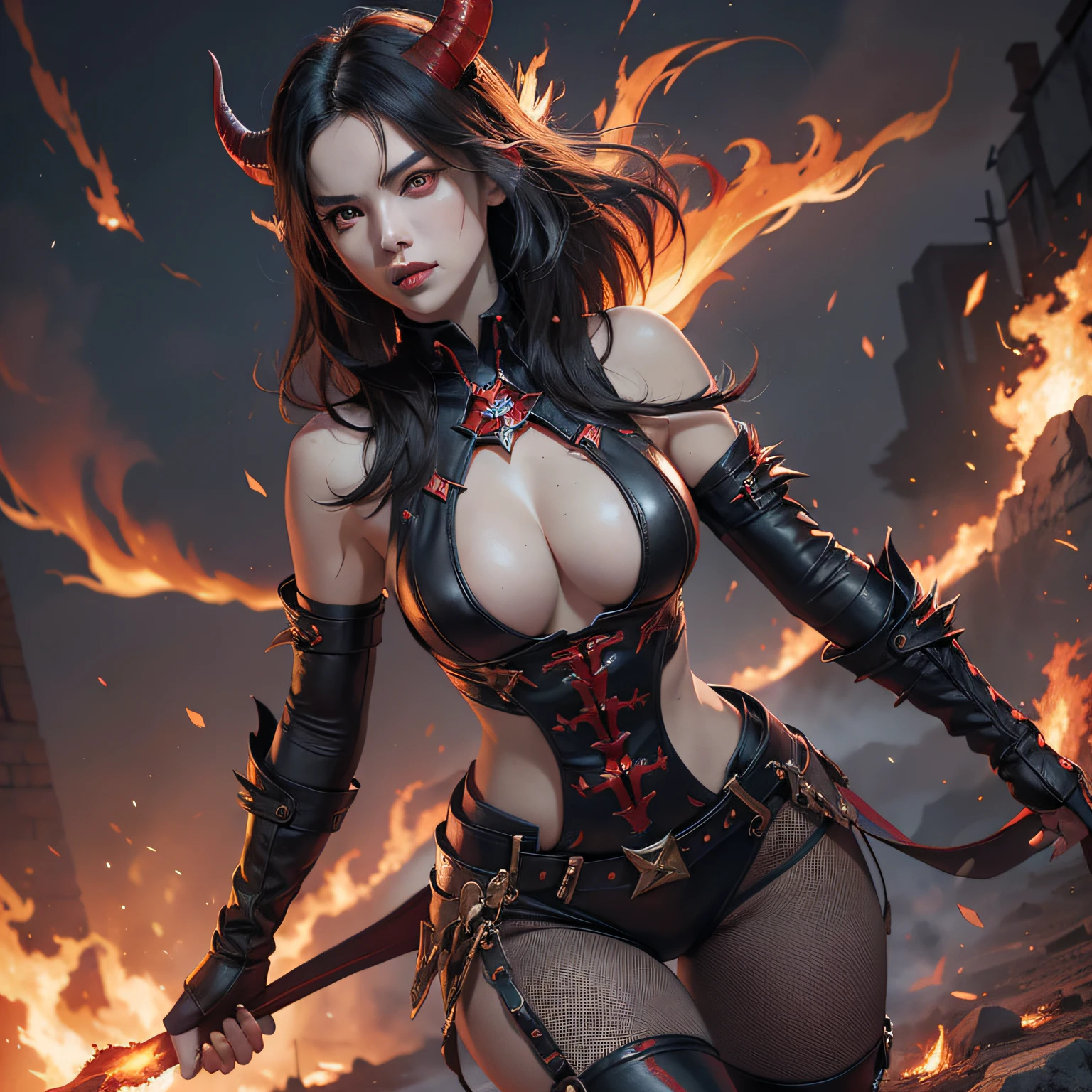 demon girl, fire, perfect face, black hair, flashes of fire, lightning, night, raging flames, ruins, soaring, ((sexy outfit)), dynamic lighting, high detail, complex background, clarity. high quality 4k, (red horns), powerful woman, (whole body), (((sexy))), (evil)