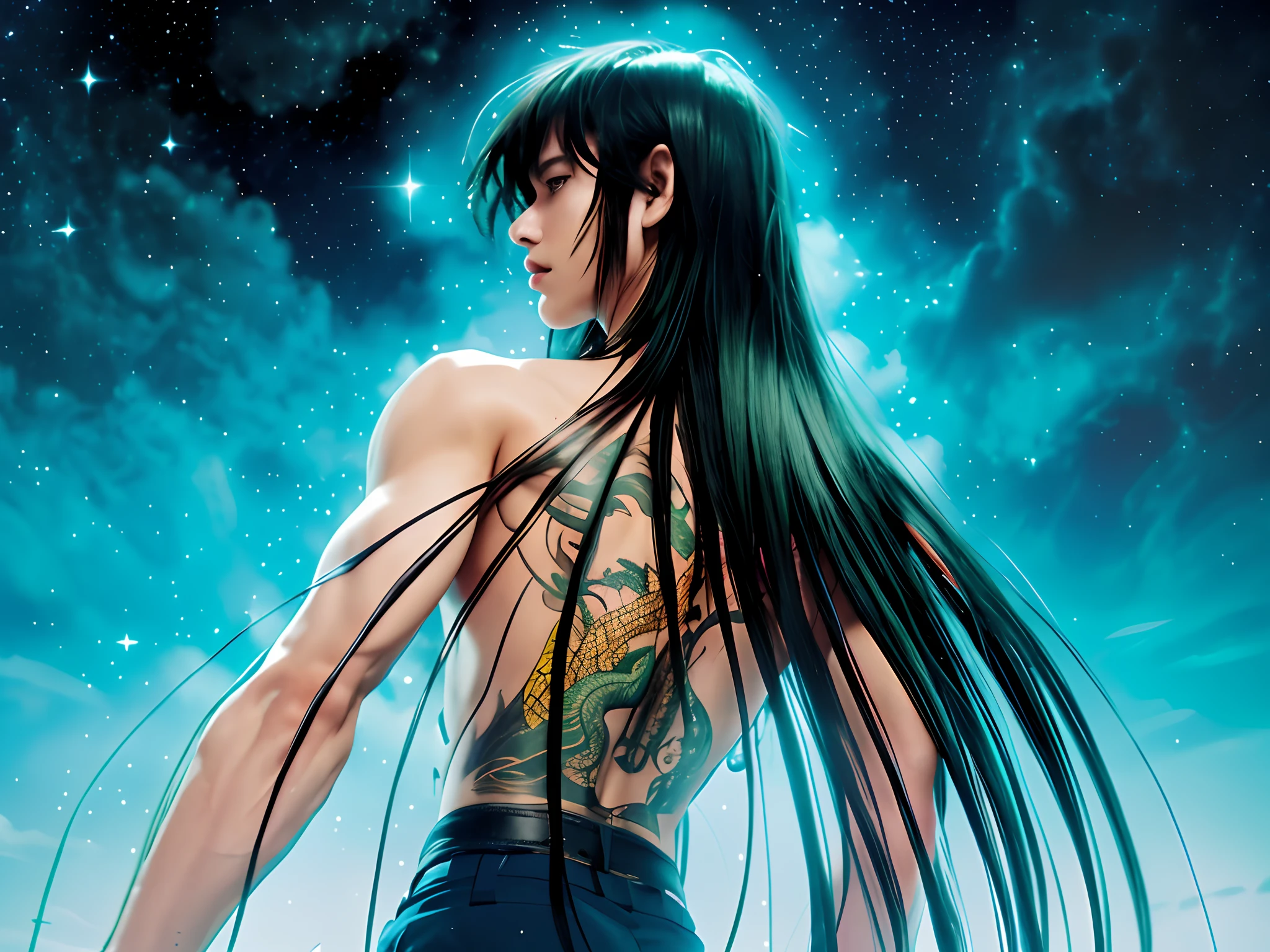 (masterpiece), (realistic), half body of a man, (male), 18 years old, Japanese (1boy), profile head, solo, (handsome man), ((Delicate facial features)) ((pretty big green eyes)), ((well done eyes)), look behind, powerful look, long straight messy black hair, ((bangs)), hair blowing in the air, (beardless), torso naked, dragon tattoo on the back, colorful dragon tattoo partially under hair, no arms tattoos, navy blue pants, starry night background, cinematic lighting.