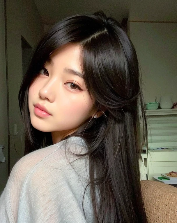 there is a woman with long black hair posing for a picture, Ulzzang, Jinyoung Canela, jennie blackpink, menina coreana, Jaeyeon Nam, young adorable korean face, wan adorable korean face, young cute wan asian face, Ela tem cabelo preto com franja, com rosto redondo, south east asian with round face, Heonhwa Choe, foto de perfil headshot