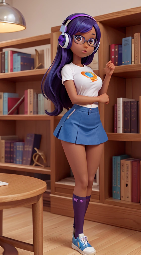 15-year-old nerdy girl, with prescription glasses, spontaneous smile, green eyes, delicate full mouth, wearing a tight baby doll, large and perfect breasts, large and perfect butt, toned legs, perfect body, pose in a bedroom girl with computers and books.