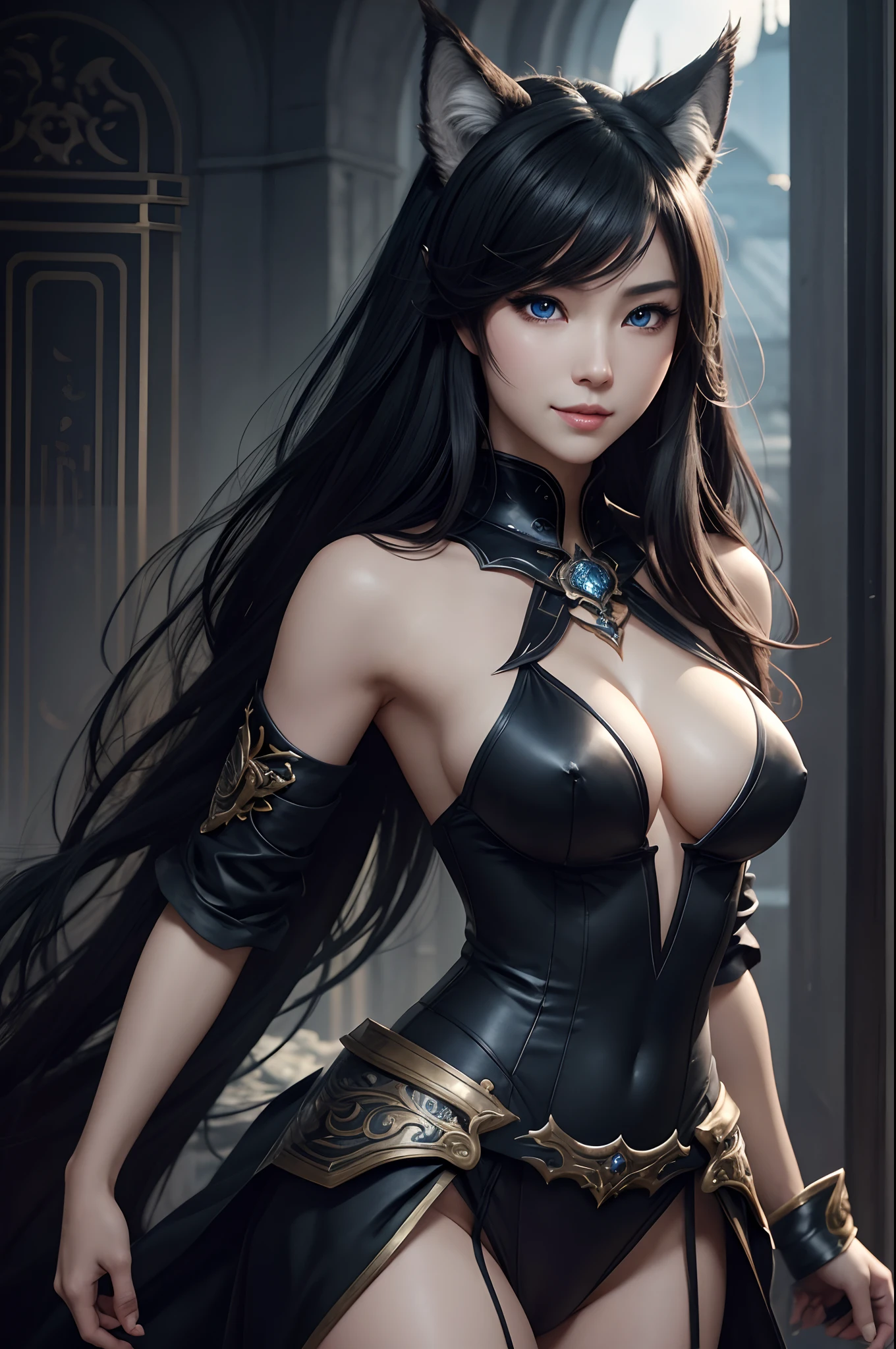 8K,Close-up of a woman in a black and white dress with small breasts、Dark hair、Werewolf with small breasts,Super beauty,(Lifelike)Blue eyes,,assassin,Chengwei Pan on Artstation、 Yang J 作、 Intricate fantasy art、Stunning character art、 Fanart Meilleure ArtStation、 Magnificent and elaborate character art、 Maid costume、Highly detailed artgerm、 Detailed Digital Animation Art、 ArtGerm on ArtStation Pixiv、 Girl in armor、dynamic ungle、超A high resolution、a smile、real looking skin、魅惑的、A sexy、active、Wolf ears,