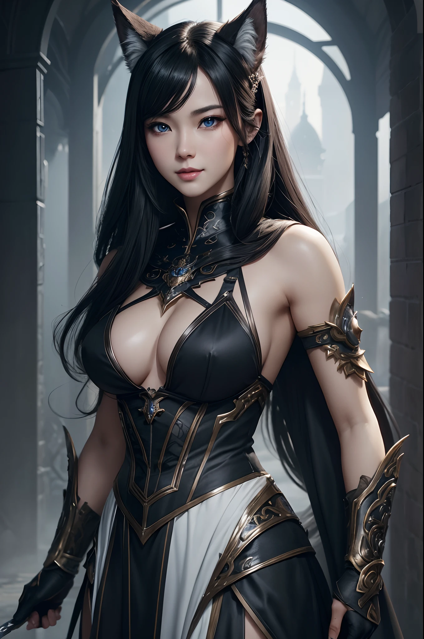 8K,Close-up of a woman in a black and white dress with small breasts、Dark hair、Werewolf with small breasts,Super beauty,(Lifelike)Blue eyes,,assassin,Chengwei Pan on Artstation、 Yang J 作、 Intricate fantasy art、Stunning character art、 Fanart Meilleure ArtStation、 Magnificent and elaborate character art、 Maid costume、Highly detailed artgerm、 Detailed Digital Animation Art、 ArtGerm on ArtStation Pixiv、 Girl in armor、dynamic ungle、超A high resolution、a smile、real looking skin、魅惑的、A sexy、active、Wolf ears,