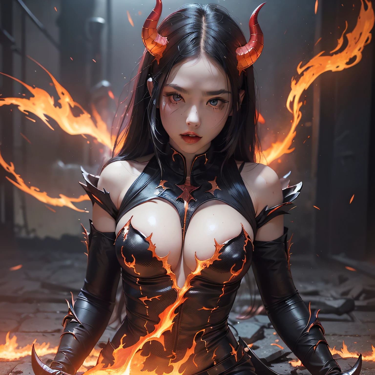 demon girl, fire, perfect face, black hair, flashes of fire, lightning, night, raging flames, ruins, soaring, ((sexy outfit)), dynamic lighting, high detail, complex background, clarity. high quality 4k, (red horns), powerful woman, (on the floor), (((sexy))), (evil)