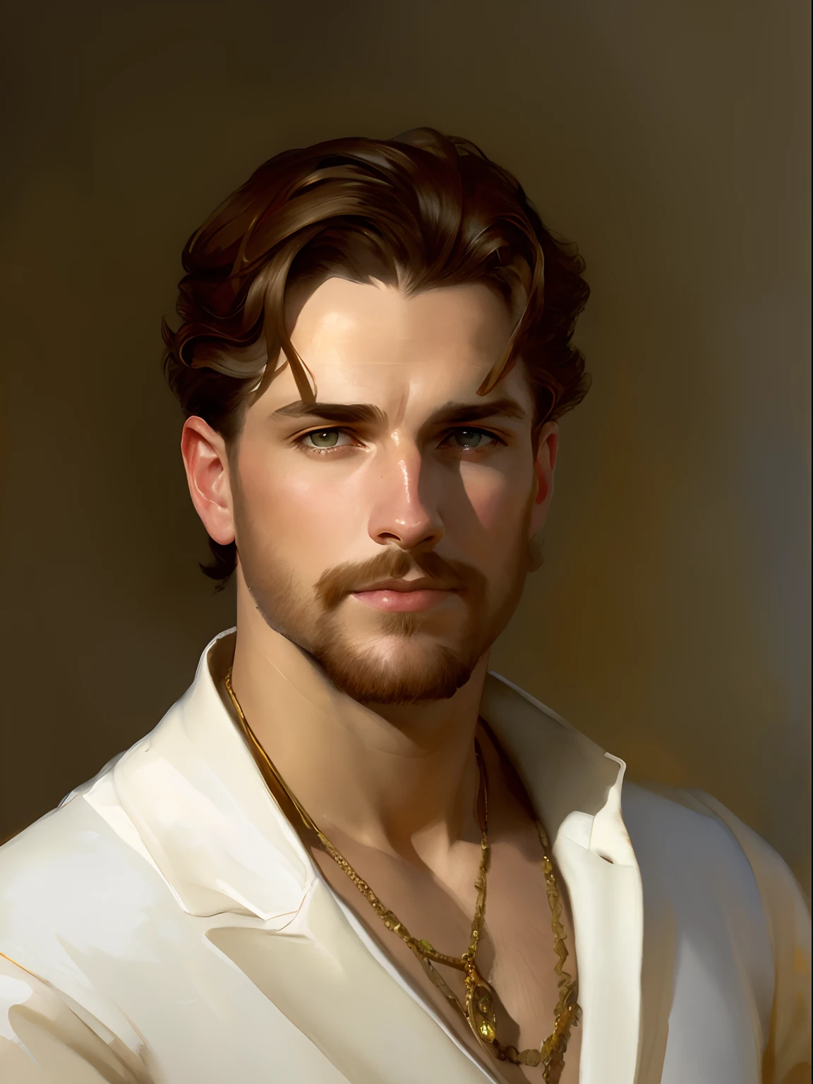 A painting of a man,"close up photo""A insanely handsome man, big Greek,brown hair,seductive look,nose, nice lips,digital painting, ""extremely short hair"",watercolor painting oil, painterly, by Jeremy Lipking, by Antonio J. Manzanedo, Alphonse Mucha, Fuller Graves, Bartolome Esteban Murillo, JC Leyendecker, Craig Mullins, Peter Paul Rubens Detailed Painting, CGSetivity, ArtStation HD, High Detail, Photorealism, Concept Art, ArtStation HD, official art, trend in the artstation, 8k.