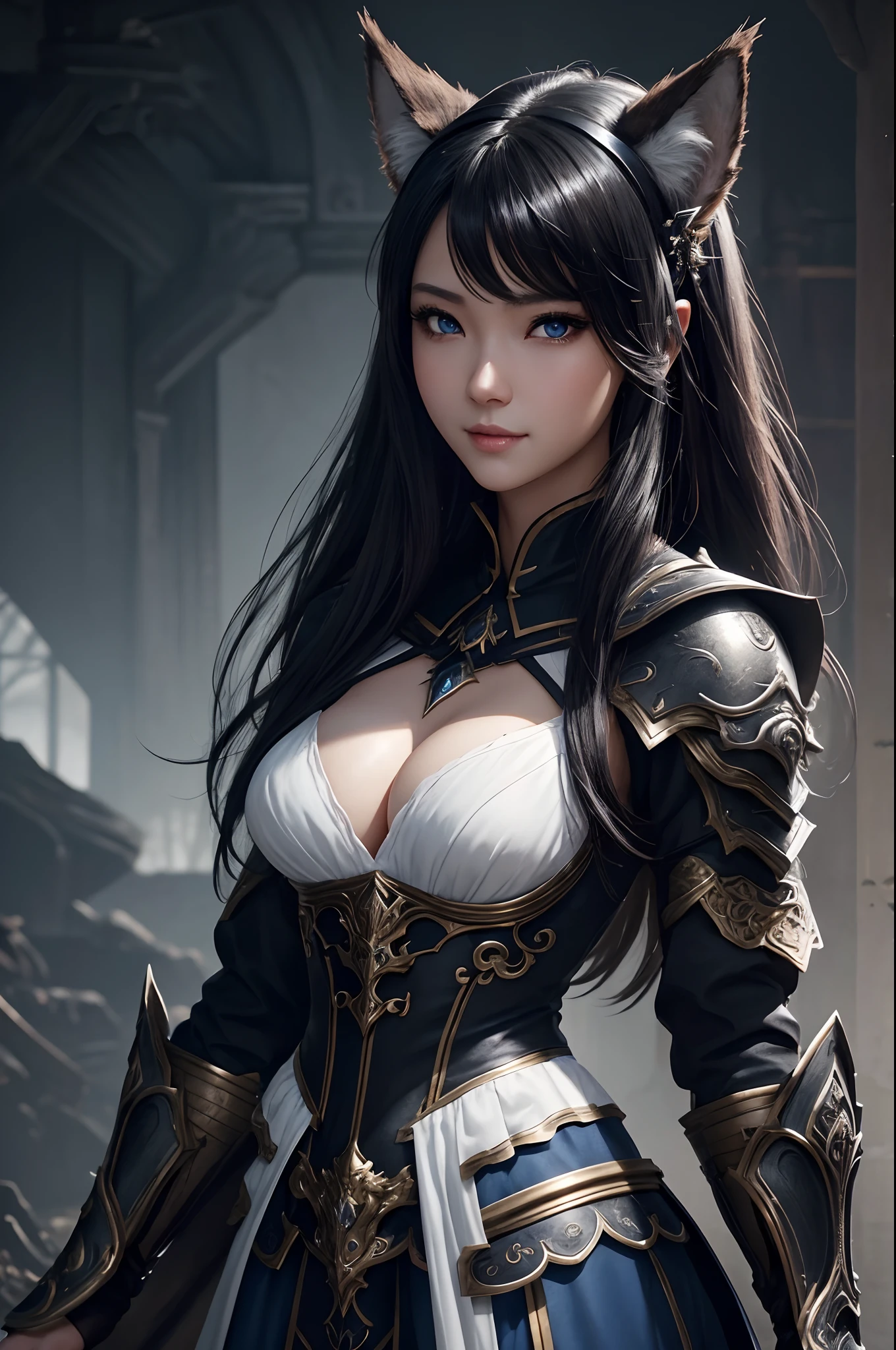 8K,Close-up of a woman in a black and white dress with small breasts、Dark hair、Werewolf with small breasts,Super beauty,(Lifelike)Blue eyes,,assassin,Chengwei Pan on Artstation、 Yang J 作、 Intricate fantasy art、Stunning character art、 Fanart Meilleure ArtStation、 Magnificent and elaborate character art、 Maid costume、Highly detailed artgerm、 Detailed Digital Animation Art、 ArtGerm on ArtStation Pixiv、 Girl in armor、dynamic ungle、超A high resolution、a smile、real looking skin、魅惑的、A sexy、active、Wolf ears,