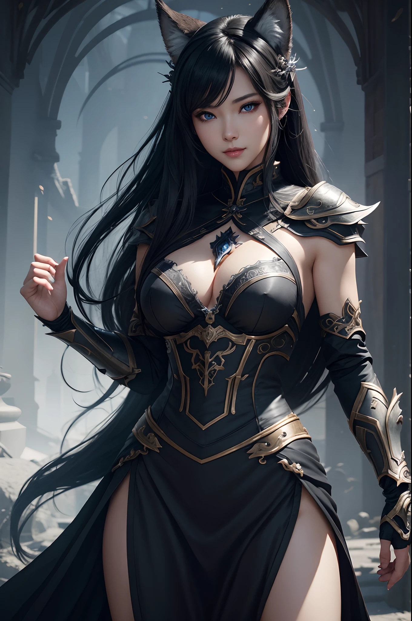 8K,Close-up of a woman in a black and white dress with small breasts、Dark hair、Werewolf with small breasts,Super beauty,(Lifelike)Blue eyes,,assassin,Chengwei Pan on Artstation、 Yang J 作、 Intricate fantasy art、Stunning character art、 Fanart Meilleure ArtStation、 Magnificent and elaborate character art、 Maid costume、Highly detailed artgerm、 Detailed Digital Animation Art、 ArtGerm on ArtStation Pixiv、 Girl in armor、dynamic ungle、超A high resolution、a smile、real looking skin、魅惑的、A sexy、active、Wolf ears,