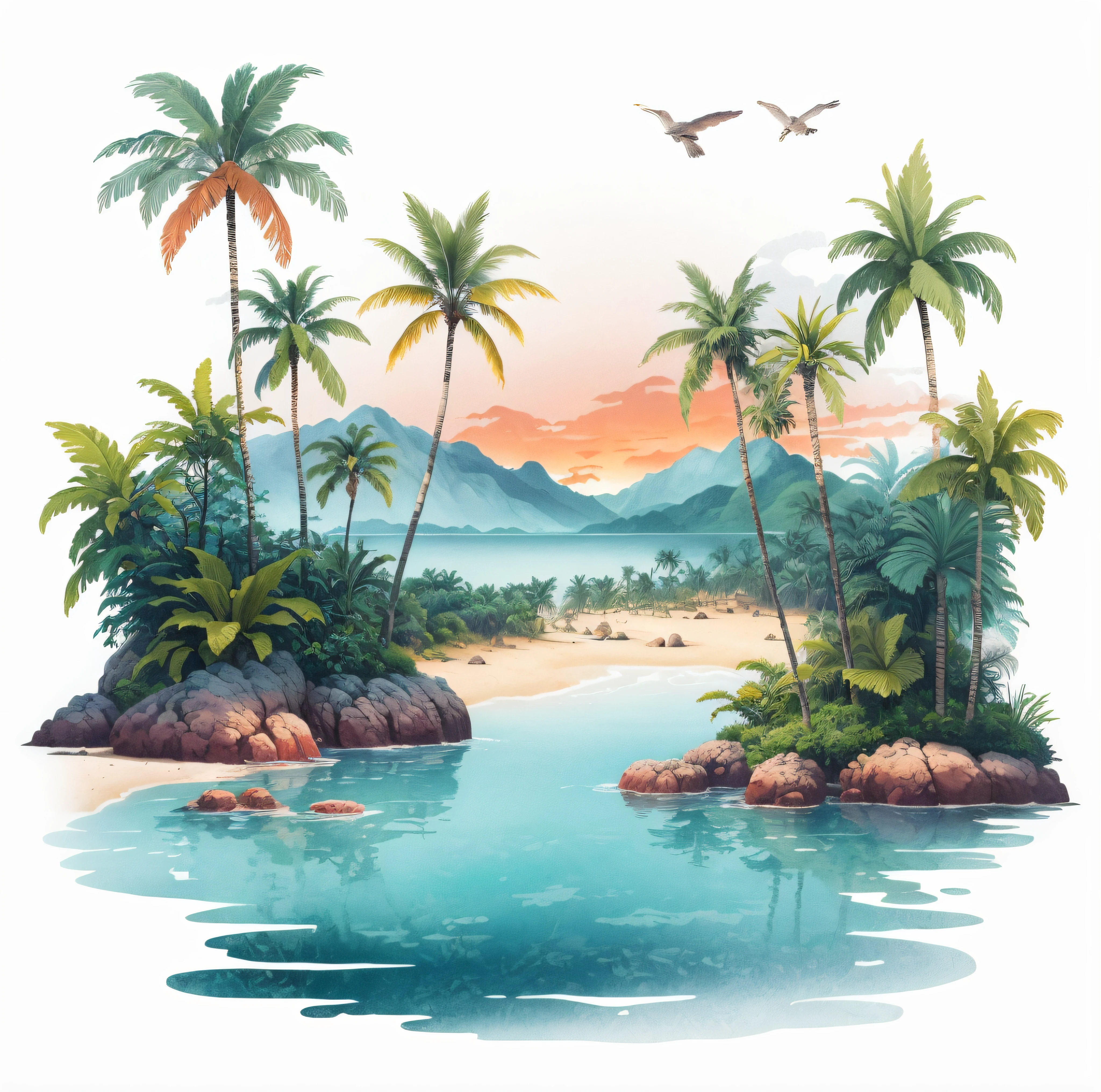 ((best quality)), ((master part)), (altamente detalhado:1.3)Fundo rosa e azul lindamente vibrante com uma paisagem tropical abstrata e real, com palmeiras tropicais deslumbrantes, Coconut palms and other lush tropical foliage bring the scene to life in vivid detail and create a wonderfully relaxing and uplifting tropical atmosphere.,hiperdetalhado,Realistic,hiper-realismo