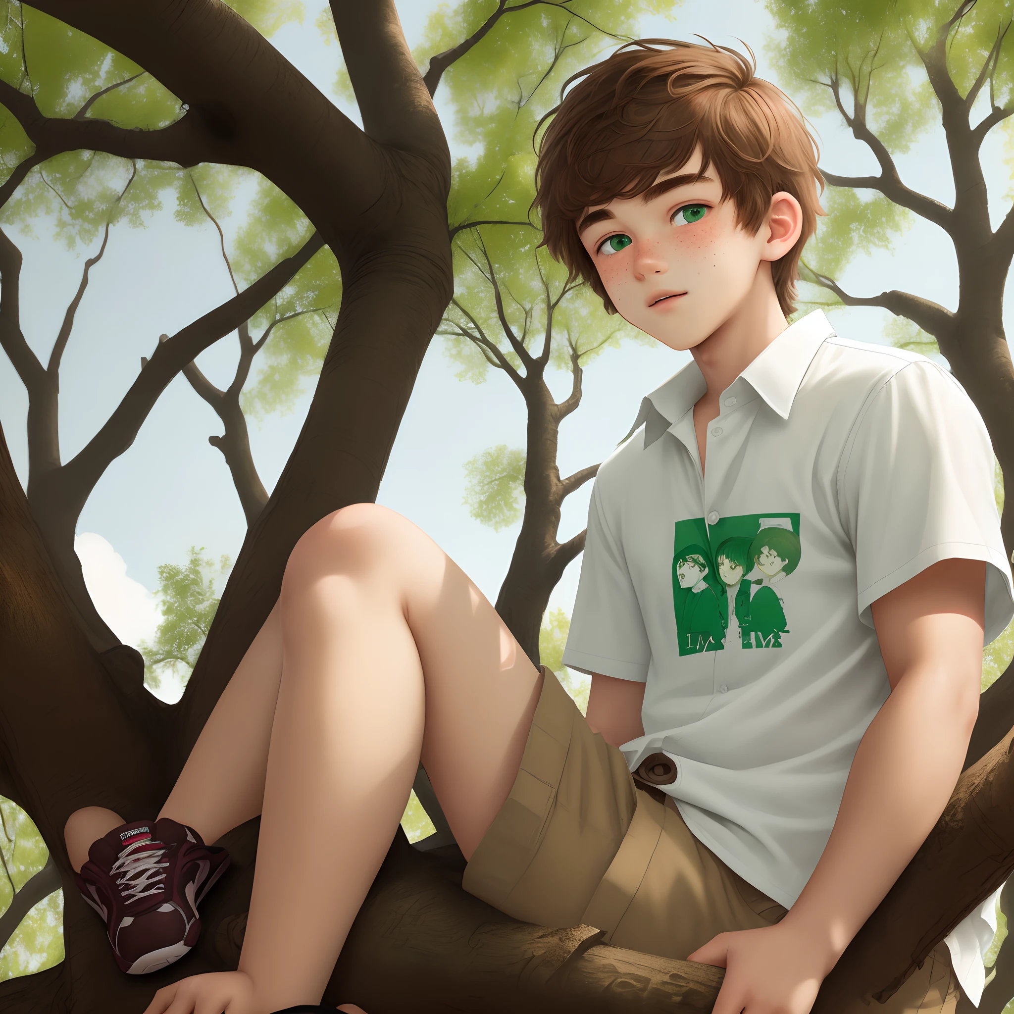 male, 5’ 10”, fat, t skin color, medium brown hair color, short hair middle part, a lot of freckles, light green eyes, wearing a dirty white button down t-shirt, sitting upside down in a tree