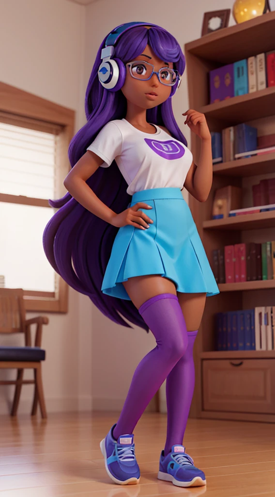 The dark-skinned nerd has a slender body with large proportionate breasts, a pert butt, toned legs and a confident posture. Her colorful hair is a vibrant mix of blue and purple, standing out in loose curls. The eyes express curiosity with a deep amber hue. She wears a see-through t-shirt with a large neckline over a high-waisted skirt. Knee-high socks and comfortable sneakers complete the look. She is sitting in a library, surrounded by shelves full of books. The 3D pose shows his enthusiasm as he holds an open book, displaying an educational hologram. Its headphones are stylish, with subtle LED lights. The soft color palette stands out in the intellectual environment of the library.