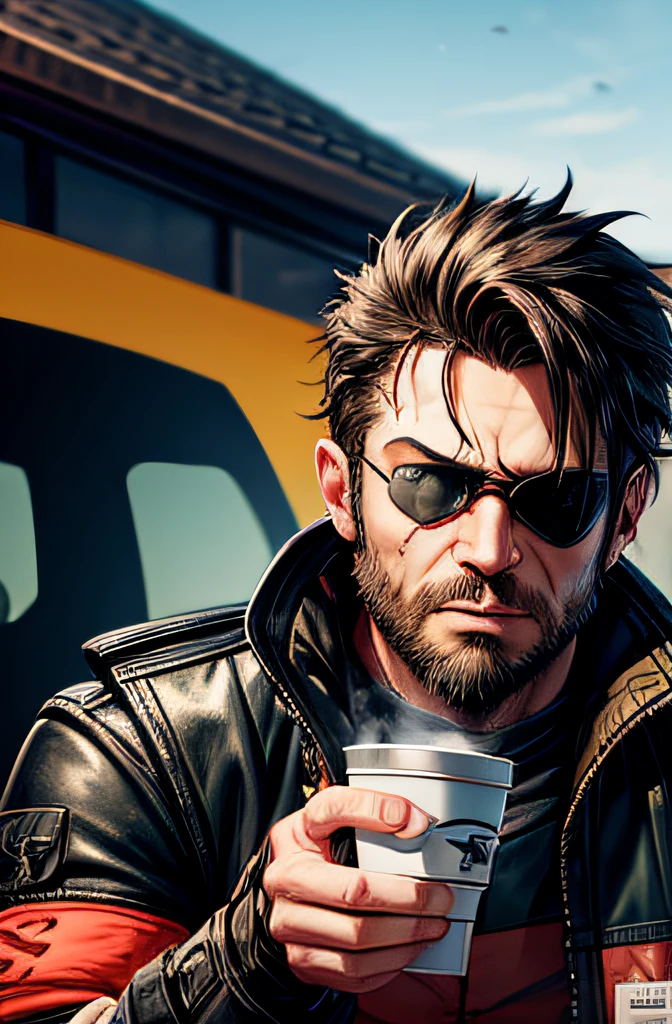 Venom snake with an eyepatch on his right eye holding a cup of lean looking sad next to an expensive car wearing a puffy jacket