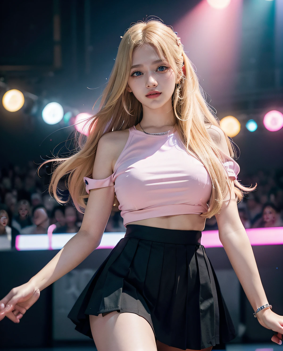 1girl, (Blue eyes), (Smile), (Sana Minatozaki), wide hips, Big Boobs, big ass, (Best Quality, 8k, Masterpiece: 1.3), perfect hands, Clear Focus: 1.2, Perfect Body Beauty: 1.4 , Slender Abs: 1.2, Highly detailed face and skin texture, detailed eyes, double eyelids, (blonde long hair :1.1), (pink t-shirt whit sequins), (black cotton pleated skirt), (k-pop :1.3), standing, performing on stage, (on a stage with many colored lights :1.2), (((public in the background :1.2))), (deep on field)