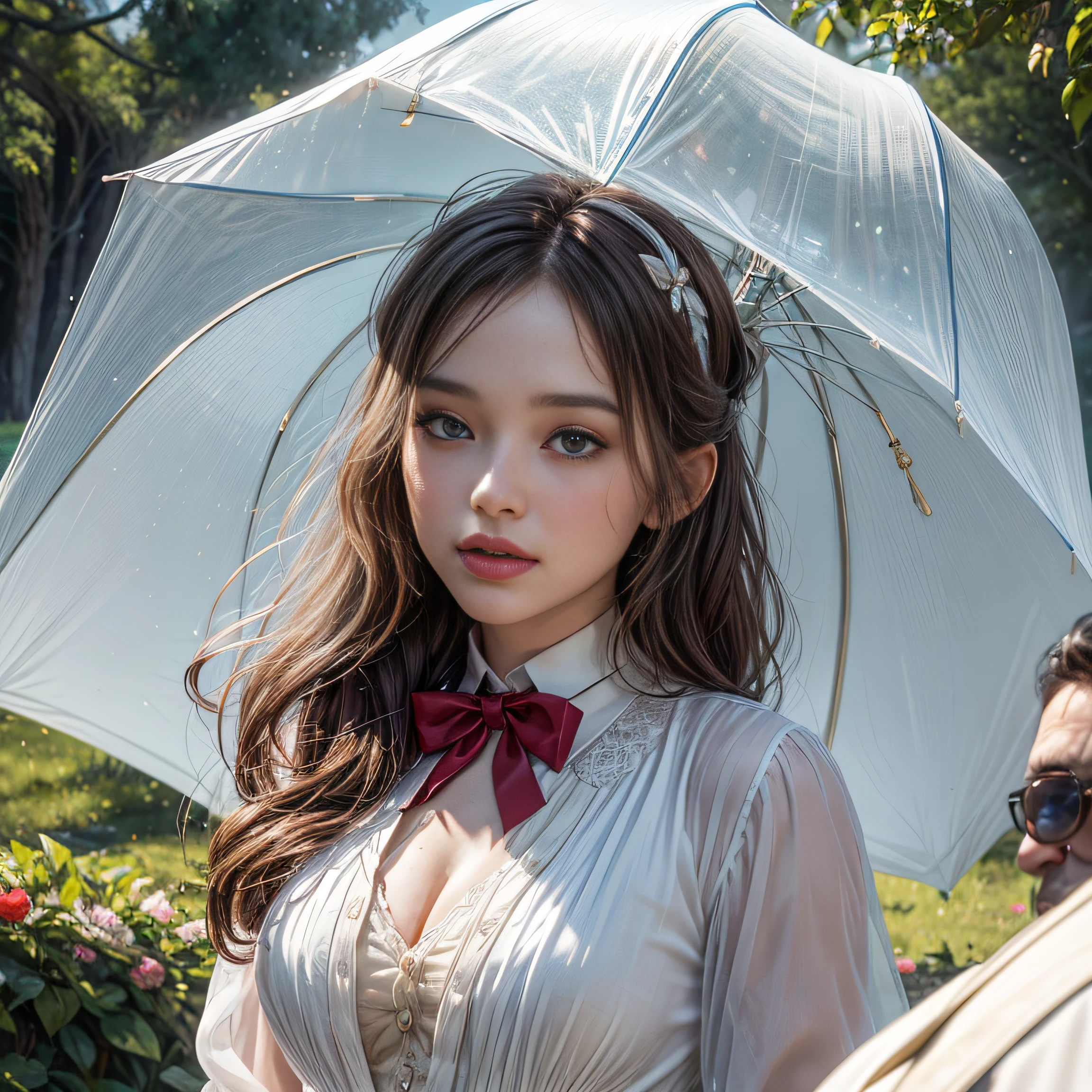 A beautiful Renaissance couple, a masterpiece by Brian Oldham and Agnes Martin: Portrait of a man and a woman in a summer garden, in romantic tones, soft daylight, a woman in an azure silk dress holding a white transparent umbrella from the sun, a man in a white tailcoat with a red bow tie, full frame, all objects in the frame, complex details, unsurpassed details and textures, anatomically correct, details of the face and eyes, skin texture, gentle, soul-warming daylight, volume, renaissance style, octane rendering, cinematic rendering, rich 3D rendering, unreal engine v 5.3, natural environment, digital painting, smooth, clear focus, Nikon AF-S NIKKOR 24-70мм, million dollar photo shoot, The best trends of artstation