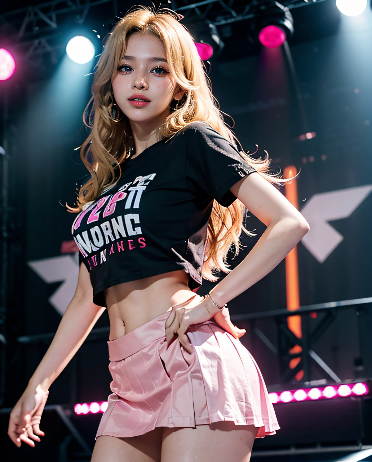 1girl, (Blue eyes), (Smile), (Sana Minatozaki), wide hips, Big Boobs, big ass, (Best Quality, 8k, Masterpiece: 1.3), perfect hands, Clear Focus: 1.2, Perfect Body Beauty: 1.4 , Slender Abs: 1.2, Highly detailed face and skin texture, detailed eyes, double eyelids, (blonde long hair :1.1), (pink t-shirt whit sequins), (black cotton pleated skirt), (k-pop :1.3), standing, performing on stage, (on a stage with many colored lights :1.2), (((public in the background :1.2))), (deep on field)
