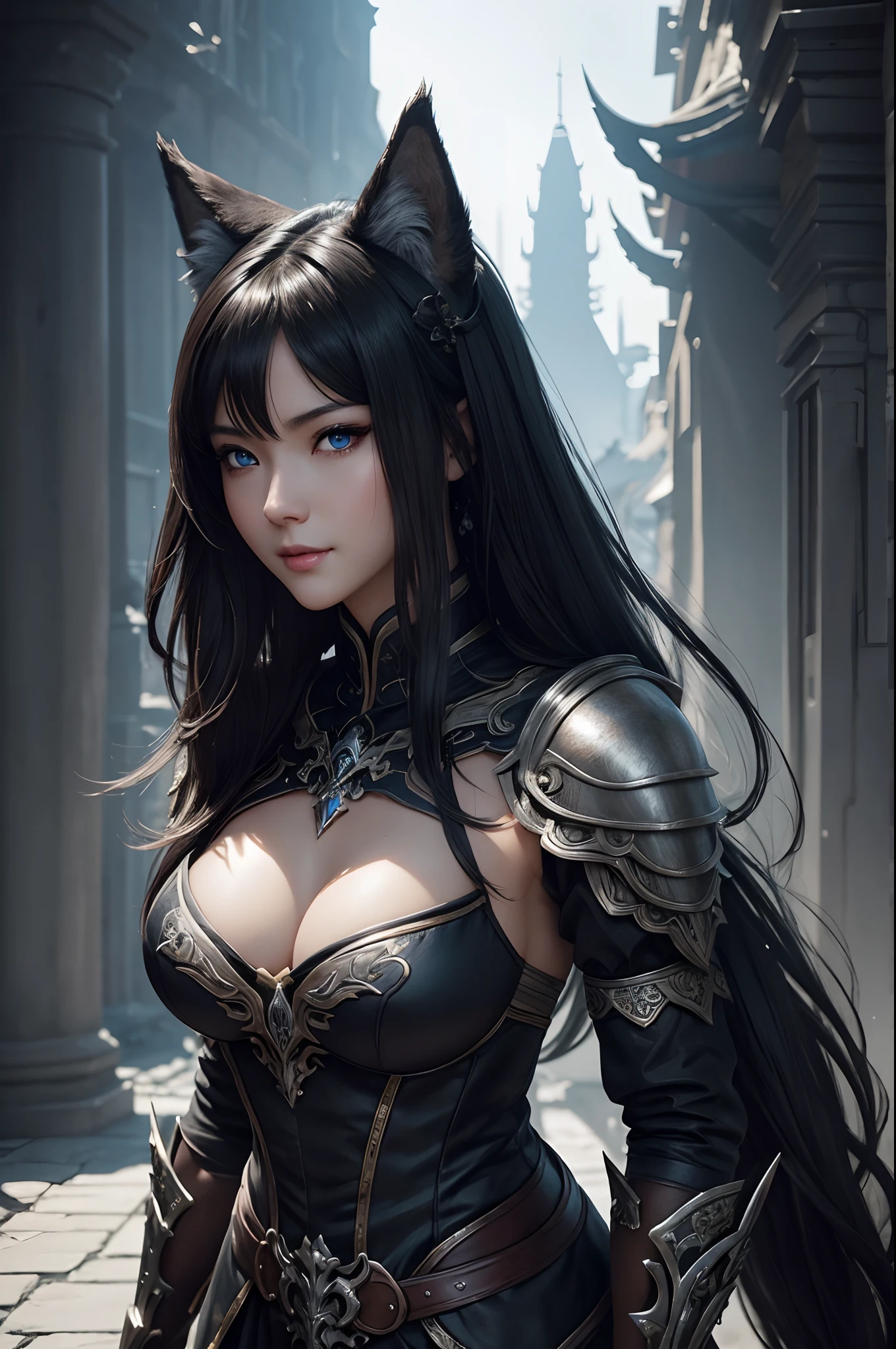 8K,Close-up of a woman in a black and white dress with small breasts、Dark hair、Werewolf with small breasts,Super beauty,(Lifelike)Blue eyes,,assassin,Chengwei Pan on Artstation、 Yang J 作、 Intricate fantasy art、Stunning character art、 Fanart Meilleure ArtStation、 Magnificent and elaborate character art、 Maid costume、Highly detailed artgerm、 Detailed Digital Animation Art、 ArtGerm on ArtStation Pixiv、 Girl in armor、dynamic ungle、超A high resolution、a smile、real looking skin、魅惑的、A sexy、active、Wolf ears,tiny chest,