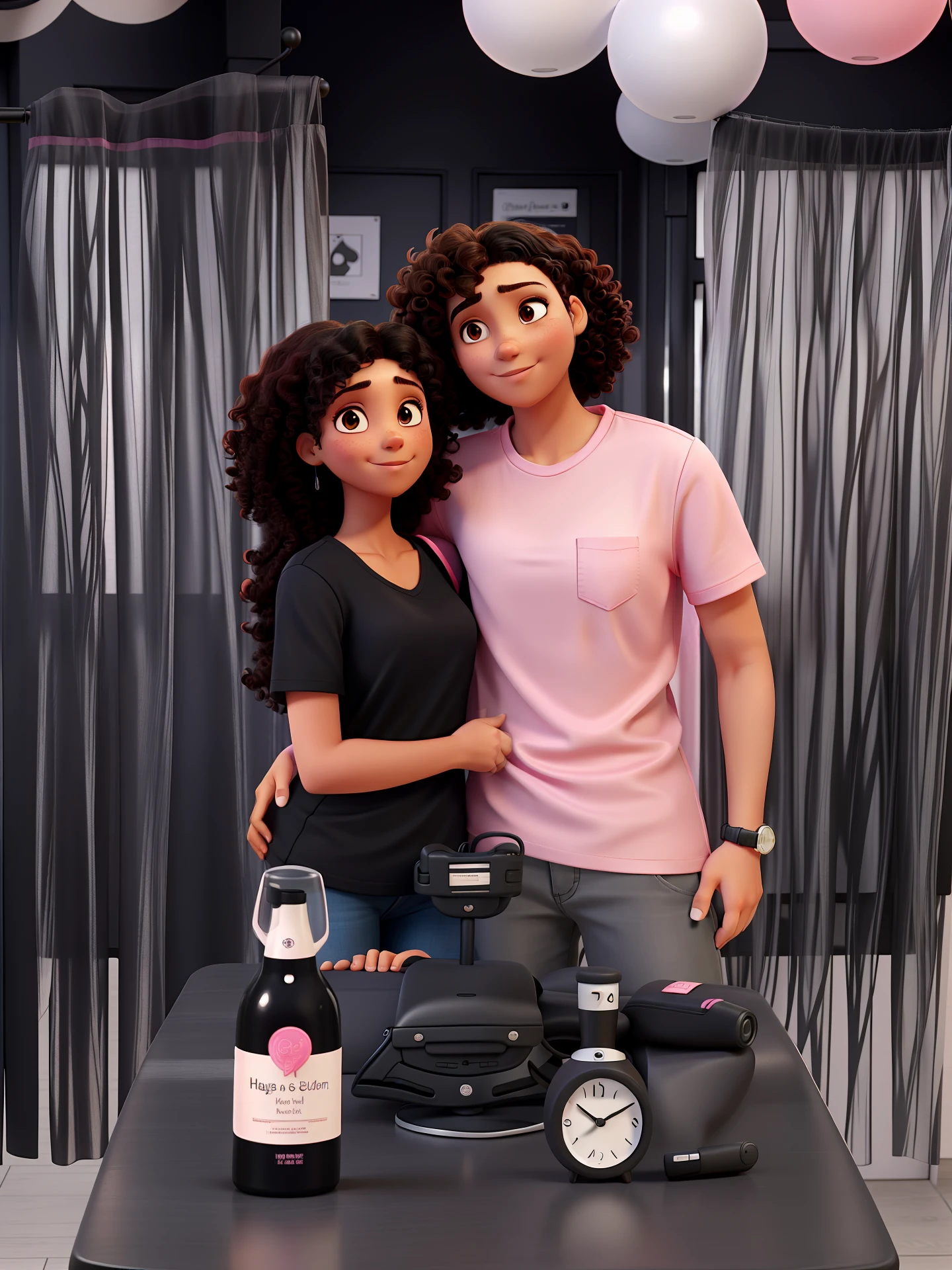 Woman with curly hair and black clothes hugging her boyfriend with straight hair and pink shirt