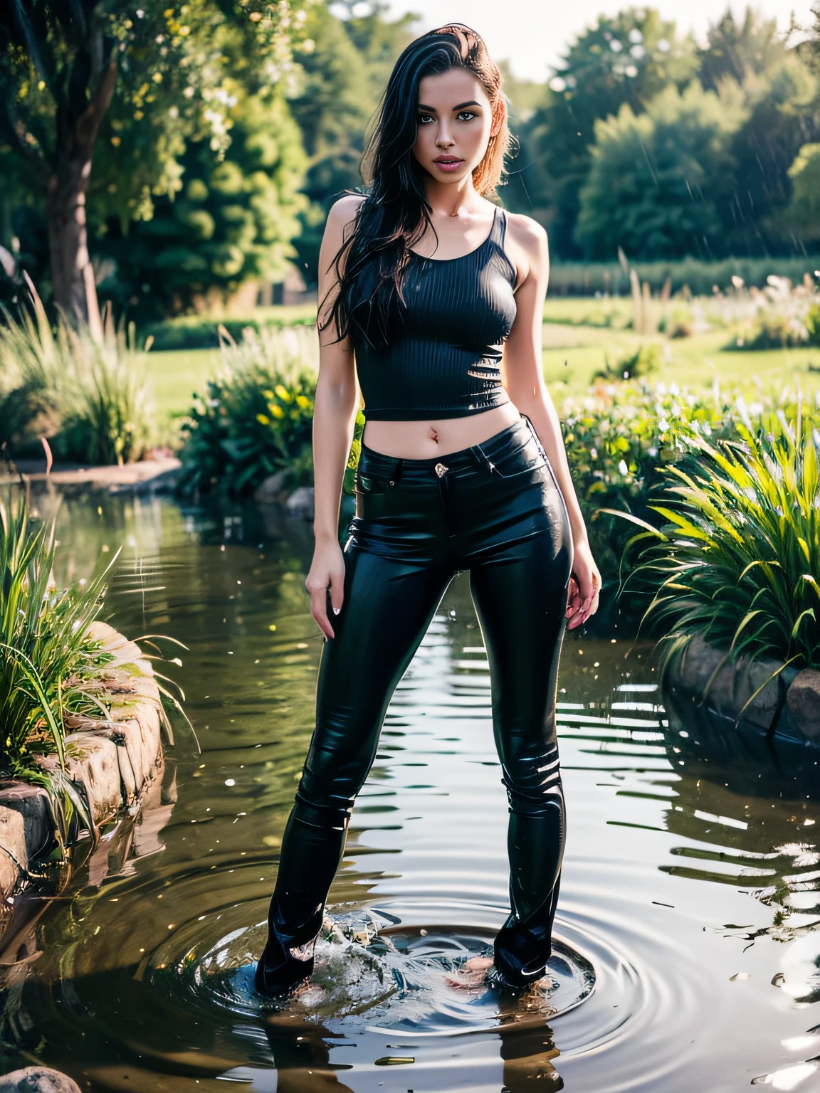 Woman in black top and jeans, standing in water, painting by Misha Klein, featured on cgsociety, fine art photography, "Wetlook" photo of slim girl model, Black ultra-skinny flared jeans, Wide flares on jeans, handsome girl, Standing in the rain, standing in a pond, standing next to water, black leather shiny jeans, in a pond, leather pants | natural lighting