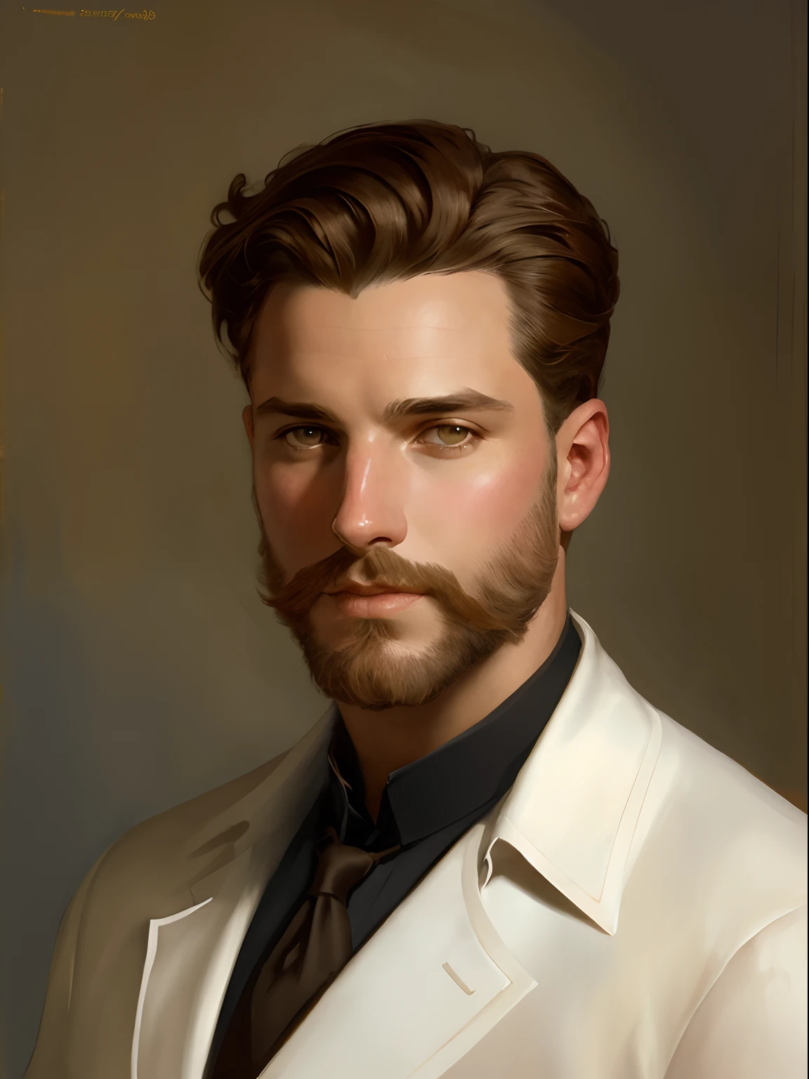 A painting of a man,"close up photo""A insanely handsome man, big Greek,brown hair,seductive look,nose, nice lips,digital painting, ""extremely short hair"",watercolor painting oil, painterly, by Jeremy Lipking, by Antonio J. Manzanedo, Alphonse Mucha, Fuller Graves, Bartolome Esteban Murillo, JC Leyendecker, Craig Mullins, Peter Paul Rubens Detailed Painting, CGSetivity, ArtStation HD, High Detail, Photorealism, Concept Art, ArtStation HD, official art, trend in the artstation, 8k.