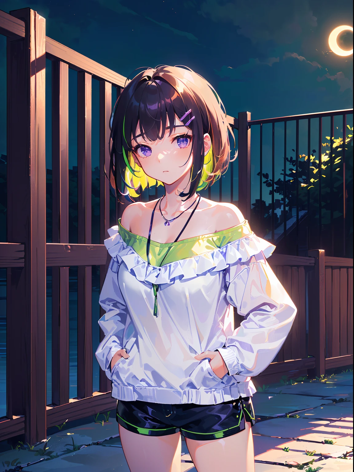 ((((carrying a bass,))))((hands in pockets,))(Masterpiece illustration,Beautiful and aesthetic:1.2,aim to viewers,from below), Best quality,Top quality, Epic quality,((((Fence wall,violet,outdoor,))))(moonlight,moon glare, god light,))Neat face,underage,mature,Beautiful detailed hair,black hair,hyper HD, retinas, Textured skin, A high resolution, 16k ,((hairclip,steep bangs,sidelocks,short hair,Large bow on hair)),Detailed face, 1JK, lady,Solo, Perfect face, Very amazing girl,((off shoulder,long sleeves,green streaked white t-shirt,frills,short shorts,ruby necklace)),rim-light
