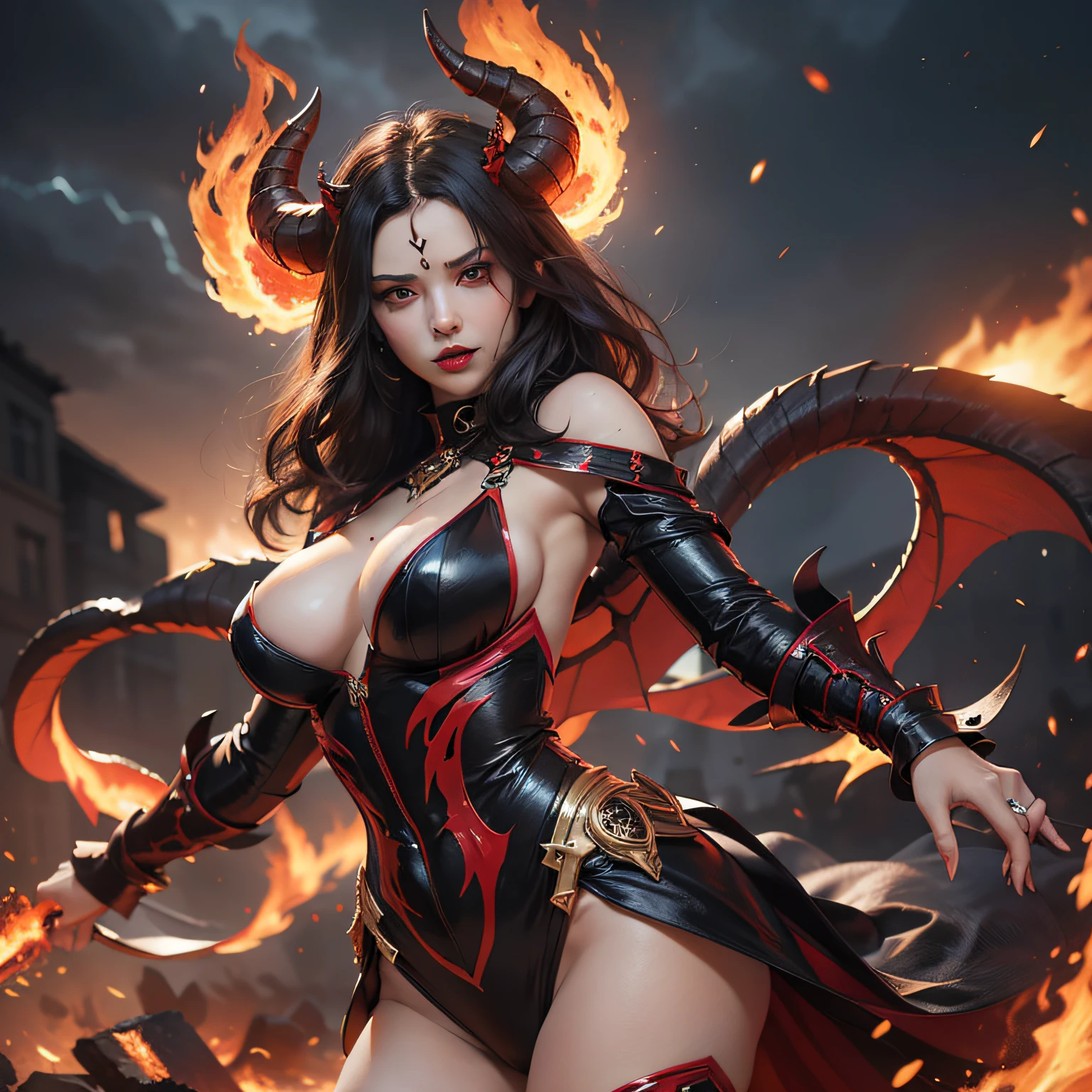 demon girl, fire, perfect face, black hair, flashes of fire, lightning, night, raging flames, ruins, soaring, ((sexy outfit)), dynamic lighting, high detail, complex background, clarity. high quality 4k, (red horns), powerful woman, (doggy pose), (((sexy))), (evil)