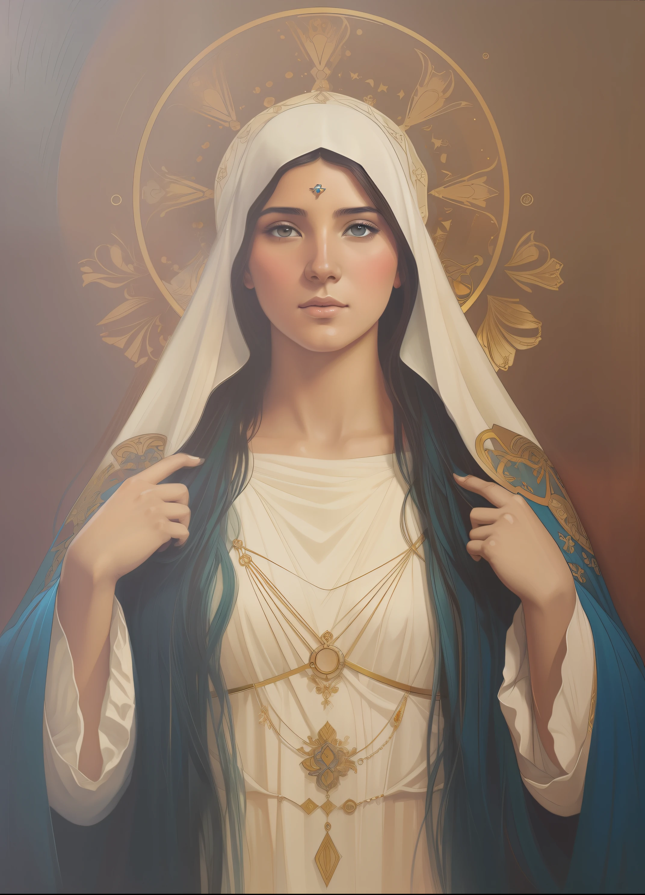 The Virgin Mary and the Child Jesus. MUJER CAUCASICA. 19 years old, DULCE Y LA INOCENTE MIRADA ANGELICAL, Alta calidad, obra maestra, rasgos faciales exquisitos, cabello exquisito, ojos exquisitos, cabello de color exquisito, calidad de imagen 4K, hermosa luz y sombra, efecto Tyndall, halo, cabello desordenado, estado joven, escena hermosa, ropa exquisita, cadenas, plumas, belleza antigua con ojos grandes muy detallados, pintura digital, artstation, arte conceptual, foco nítido, illustration, arte de greg rutkowski y alphonse mucha y victo ngai
