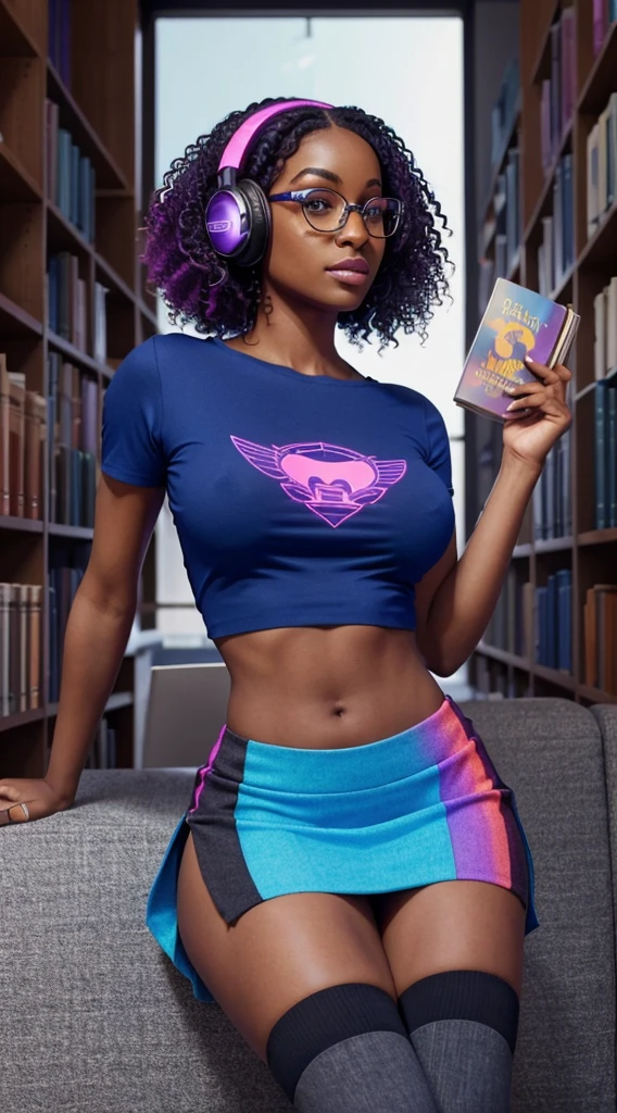 The sexy dark-skinned nerdy girl has a slender body with large proportionate breasts, a perky butt, toned legs and a confident posture. Her colorful hair is a vibrant mix of blue and purple, standing out in loose curls. The eyes express curiosity with a deep amber hue. She wears a see-through t-shirt with a wide neckline over a high-waisted skirt. Knee-high socks and comfortable sneakers complete the look. She is sitting in a library, surrounded by shelves full of books. The 3D pose shows his enthusiasm as he holds an open book, displaying an educational hologram. Its headphones are stylish, with subtle LED lights. The soft color palette stands out in the intellectual environment of the library.