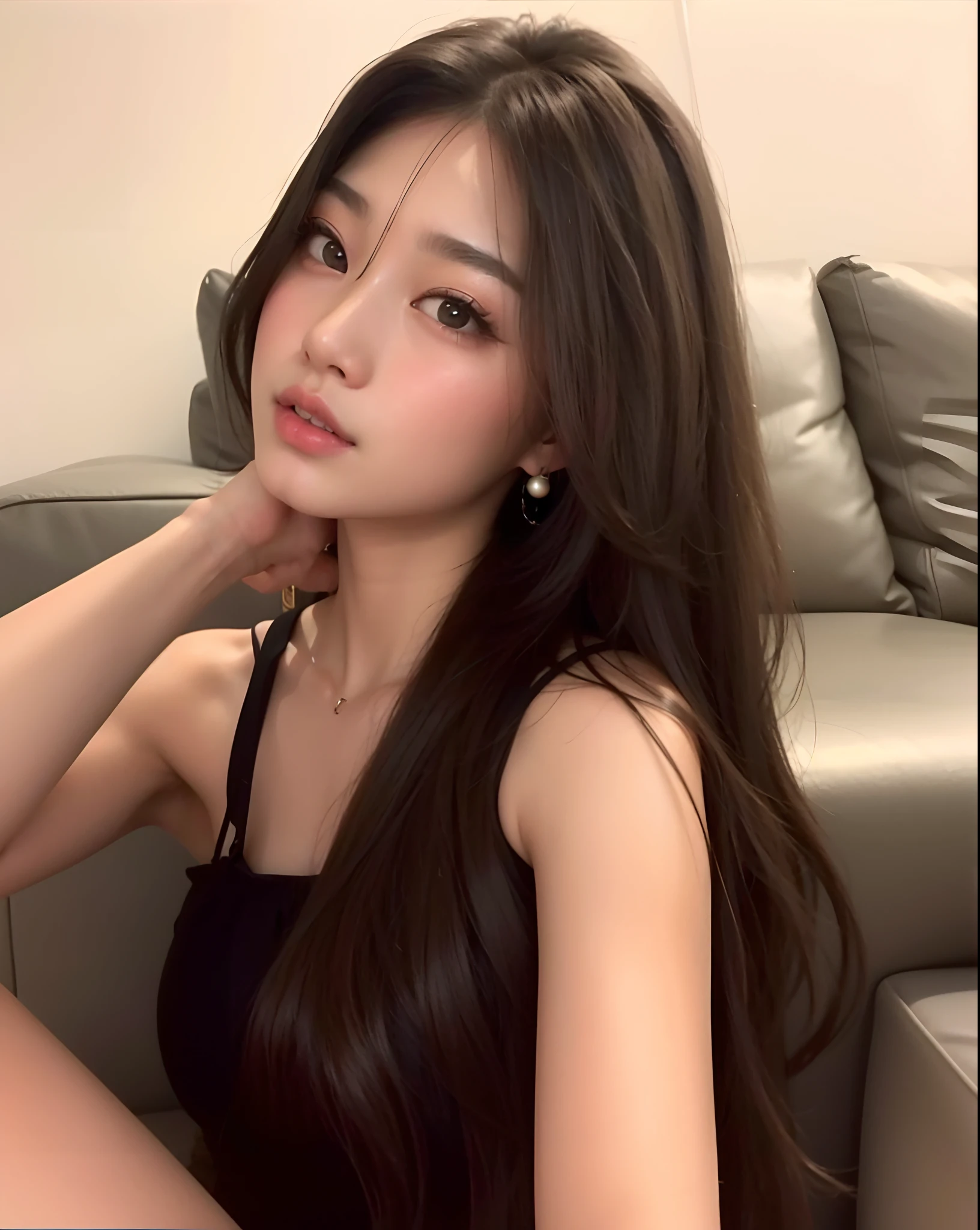 A closeup of a woman sitting on a sofa with a black top, linda mulher coreana jovem, Mulher sul-coreana bonita,  coreana, mulher coreana jovem bonita, Jaeyeon Nam, Asian girl with long hair, com cabelos longos, Heonhwa Choe, Ulzzang, young adorable korean face, Beautiful Asian girl, Mulher coreana, wan adorable korean face