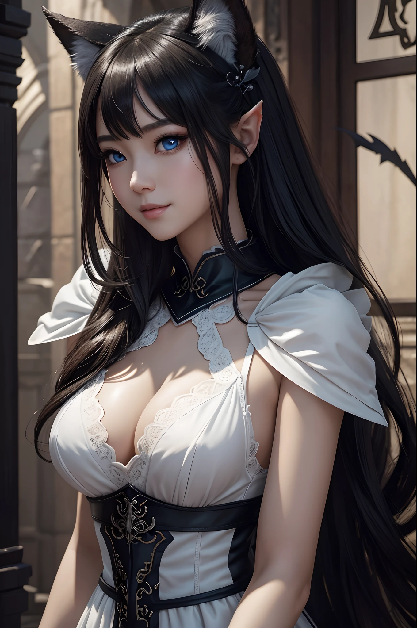 8K,Close-up of a woman in a white and black dress with small breasts of a young girl、Dark hair、Werewolf with small breasts of a ,Super beauty,(Lifelike)Blue eyes,,assassin,Chengwei Pan on Artstation、 Yang J 作、 Intricate fantasy art、Stunning character art、 Fanart Meilleure ArtStation、 Magnificent and elaborate character art、 Maid costume、Highly detailed artgerm、 Detailed Digital Animation Art、 ArtGerm on ArtStation Pixiv、 Girl in armor、dynamic ungle、超A high resolution、a smile、real looking skin、魅惑的、A sexy、active、Wolf ears,tiny chest,