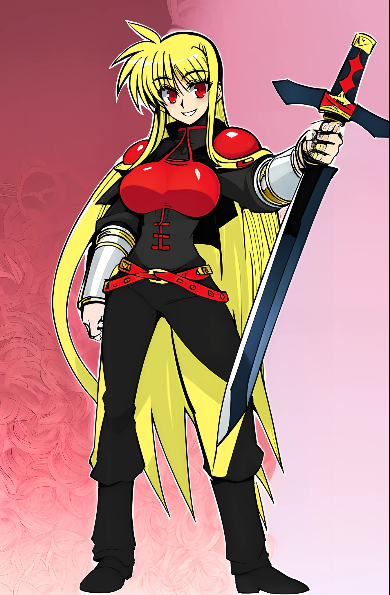 fate testarossa,magic blade, mahou shoujo lyrical nanoha, full body, large breasts, medieval, blonde hair, red eyes black clothes, warrior, pants, medieval clothing, medieval fantasy, holding up blade,smile