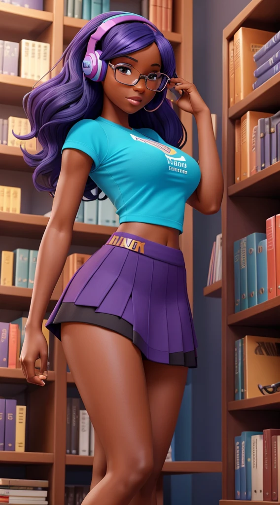 The sexy dark-skinned nerdy girl has a slender body with large proportionate breasts, a perky butt, toned legs and a confident posture. Her colorful hair is a vibrant mix of blue and purple, standing out in loose curls. The eyes express curiosity with a deep amber hue. She wears a see-through t-shirt with a wide neckline over a high-waisted skirt. Knee-high socks and comfortable sneakers complete the look. She is sitting in a library, surrounded by shelves full of books. The 3D pose shows his enthusiasm as he holds an open book, displaying an educational hologram. Its headphones are stylish, with subtle LED lights. The soft color palette stands out in the intellectual environment of the library.