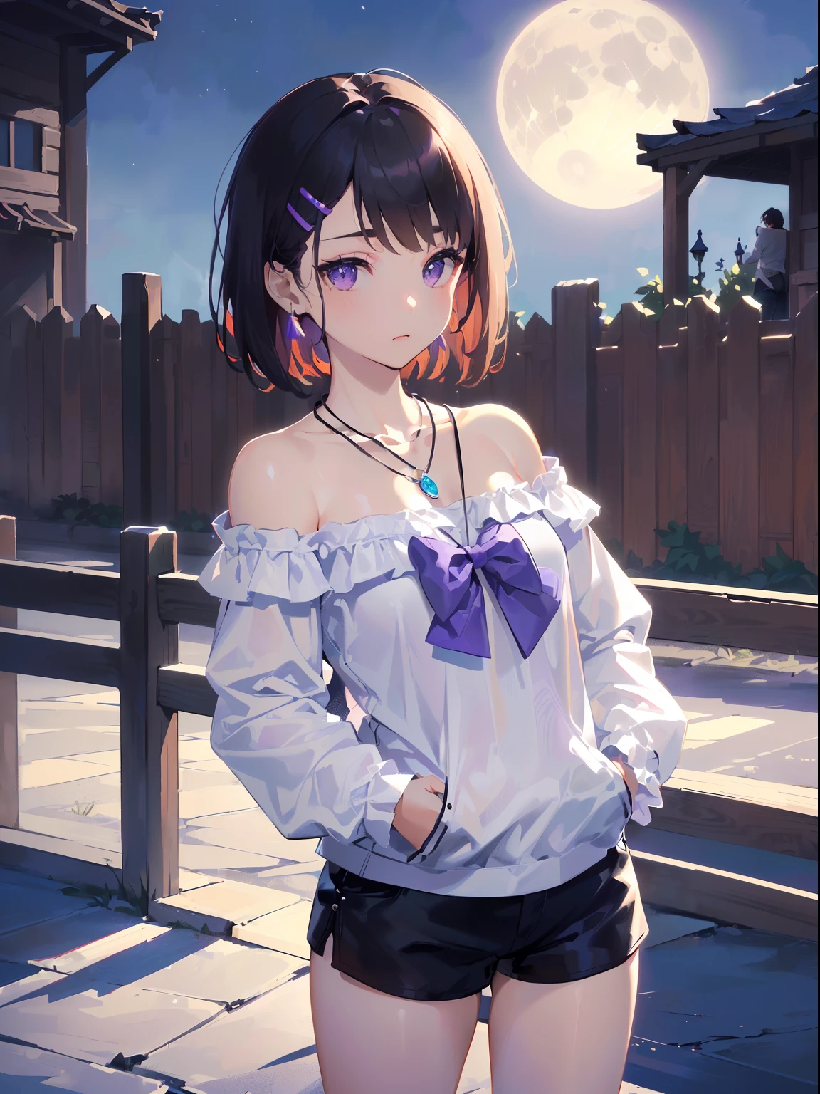 ((((carrying a bass,))))((hands in pockets,))(Masterpiece illustration,Beautiful and aesthetic:1.2,aim to viewers,from below), Best quality,Top quality, Epic quality,((((Fence wall,violet,outdoor,))))(moonlight,moon glare, god light,))Neat face,underage,mature,Beautiful detailed hair,black hair,hyper HD, retinas, Textured skin, A high resolution, 16k ,((hairclip,steep bangs,sidelocks,short hair,Large bow on hair)),Detailed face, 1JK, lady,Solo, Perfect face, Very amazing girl,((off shoulder,long sleeves,white t-shirt,frills,short shorts,ruby necklace)),rim-light