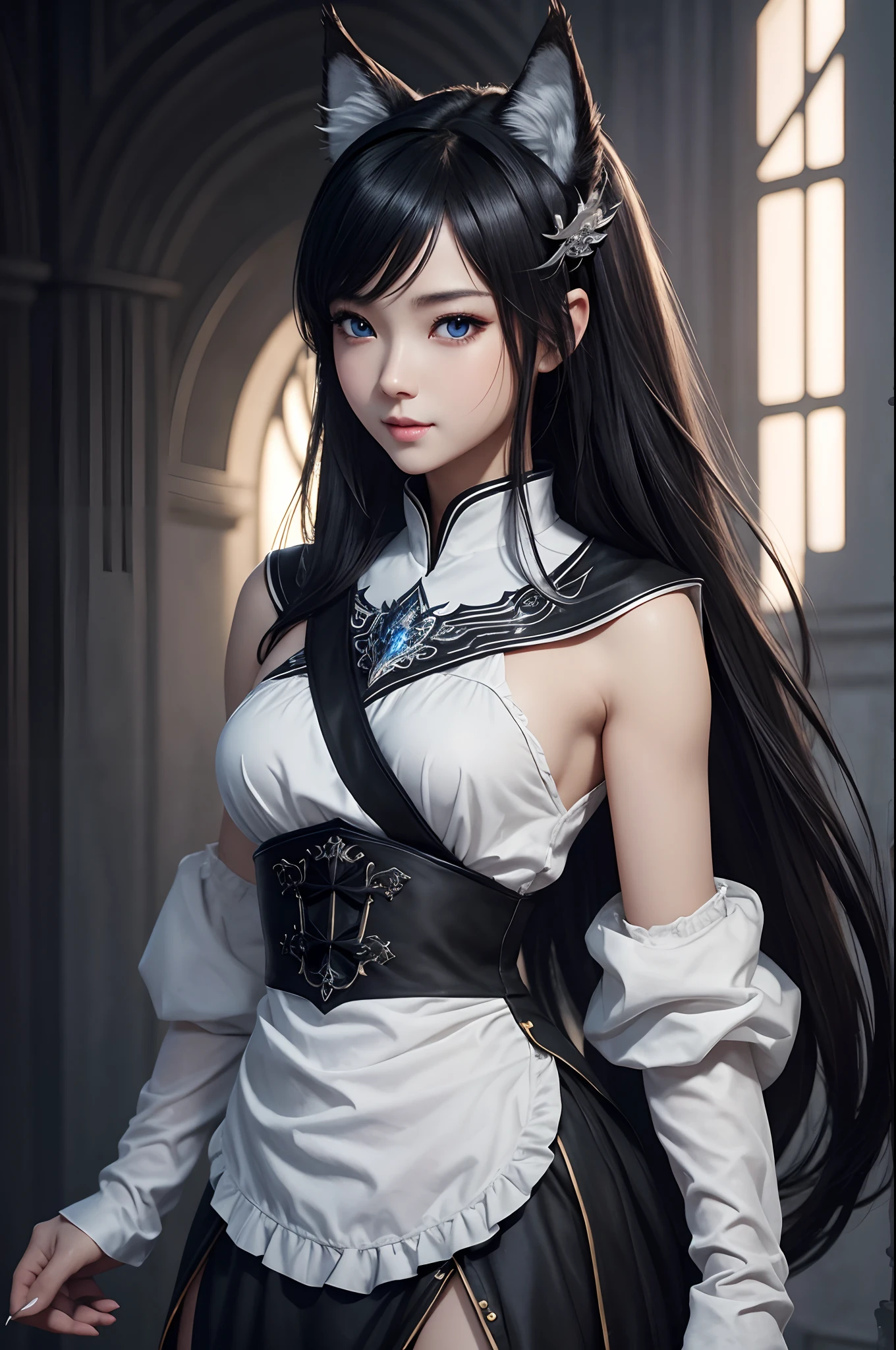 8K,Close-up of a woman in a white and black dress with very small breasts、Dark hair、Werewolf with small breasts of a  girl,Super beauty,(Lifelike)Blue eyes,,assassin,Chengwei Pan on Artstation、 Yang J 作、 Intricate fantasy art、Stunning character art、 Fanart Meilleure ArtStation、 Magnificent and elaborate character art、 Maid costume、Highly detailed artgerm、 Detailed Digital Animation Art、 ArtGerm on ArtStation Pixiv、 Girl in armor、dynamic ungle、超A high resolution、a smile、real looking skin、魅惑的、A sexy、active、Wolf ears,Littles small breasts,