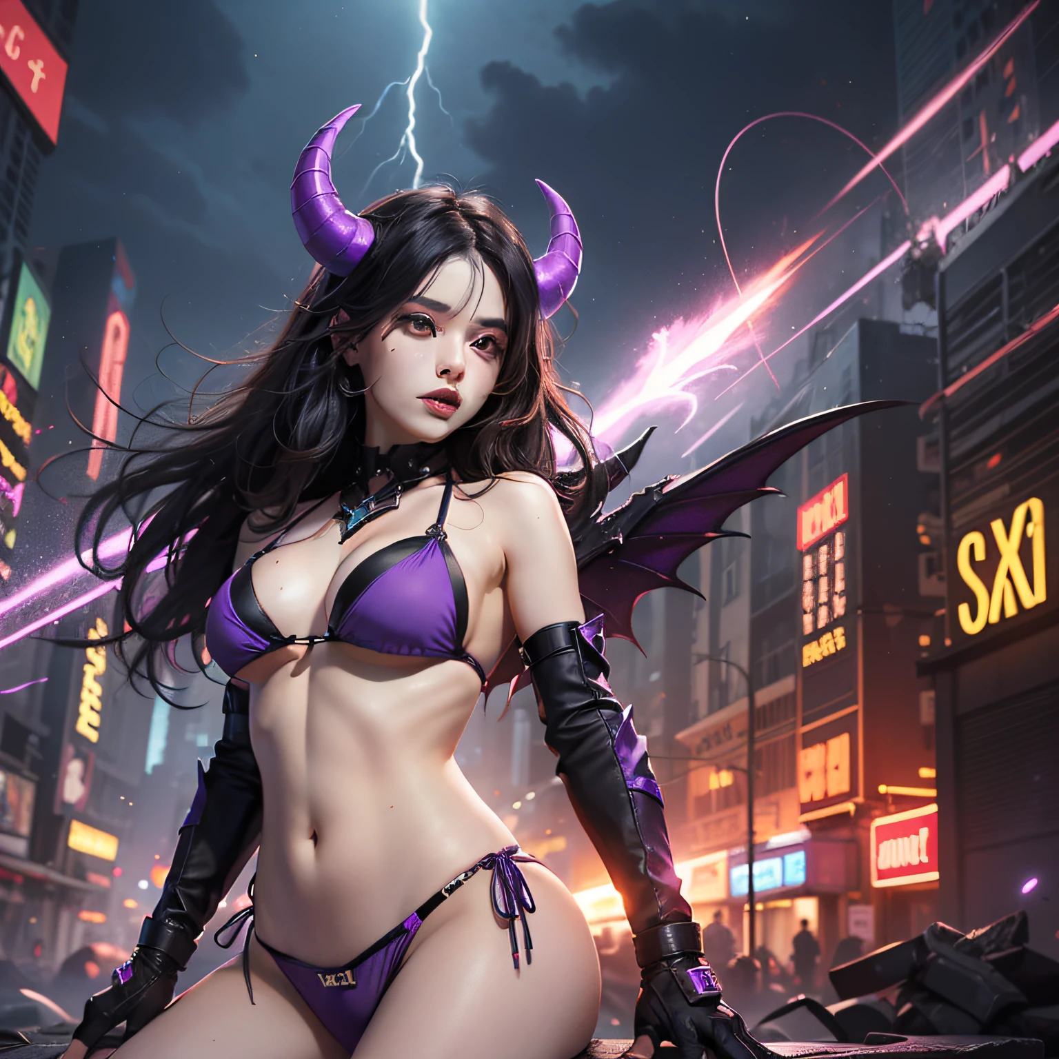demon girl, perfect face, black hair, flashes, purple neon, purple lightning, night, ruins, soaring, ((sexy bikini)), dynamic lighting, high detail, complex background, neon, clarity. high quality 4k, (red horns), powerful woman, (spreading legs), (((sexy))), (evil)