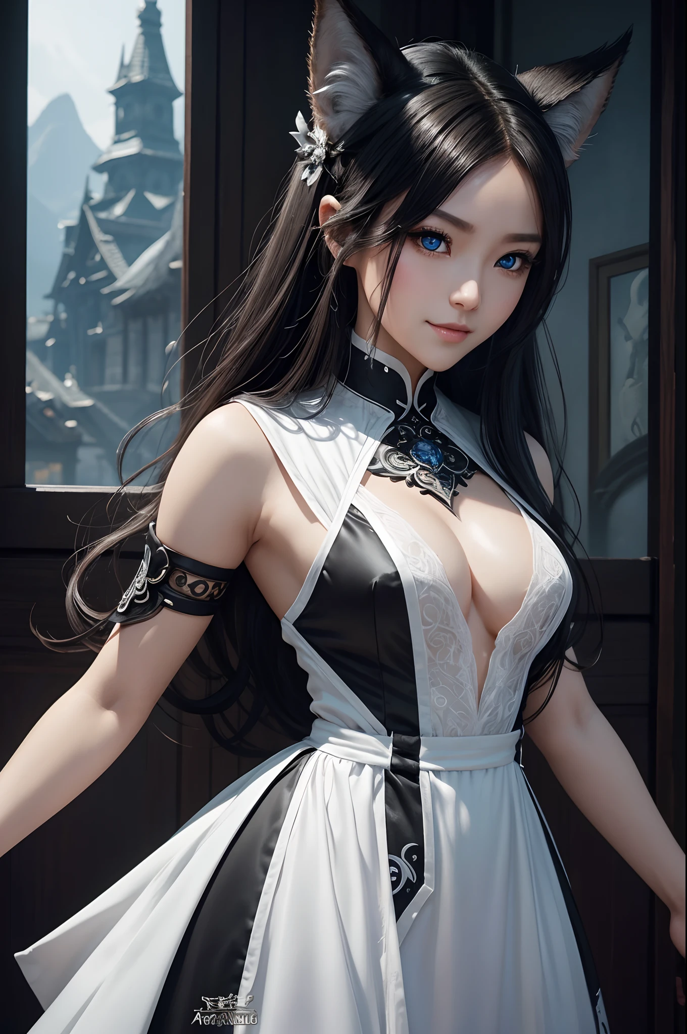 8K,Close-up of a woman in a white and black dress with very small breasts、Dark hair、Werewolf with small breasts of a girl,Super beauty,(Lifelike)Blue eyes,,assassin,Chengwei Pan on Artstation、 Yang J 作、 Intricate fantasy art、Stunning character art、 Fanart Meilleure ArtStation、 Magnificent and elaborate character art、 Maid costume、Highly detailed artgerm、 Detailed Digital Animation Art、 ArtGerm on ArtStation Pixiv、 Girl in armor、dynamic ungle、超A high resolution、a smile、real looking skin、魅惑的、A sexy、active、Wolf ears,Littles small breasts,