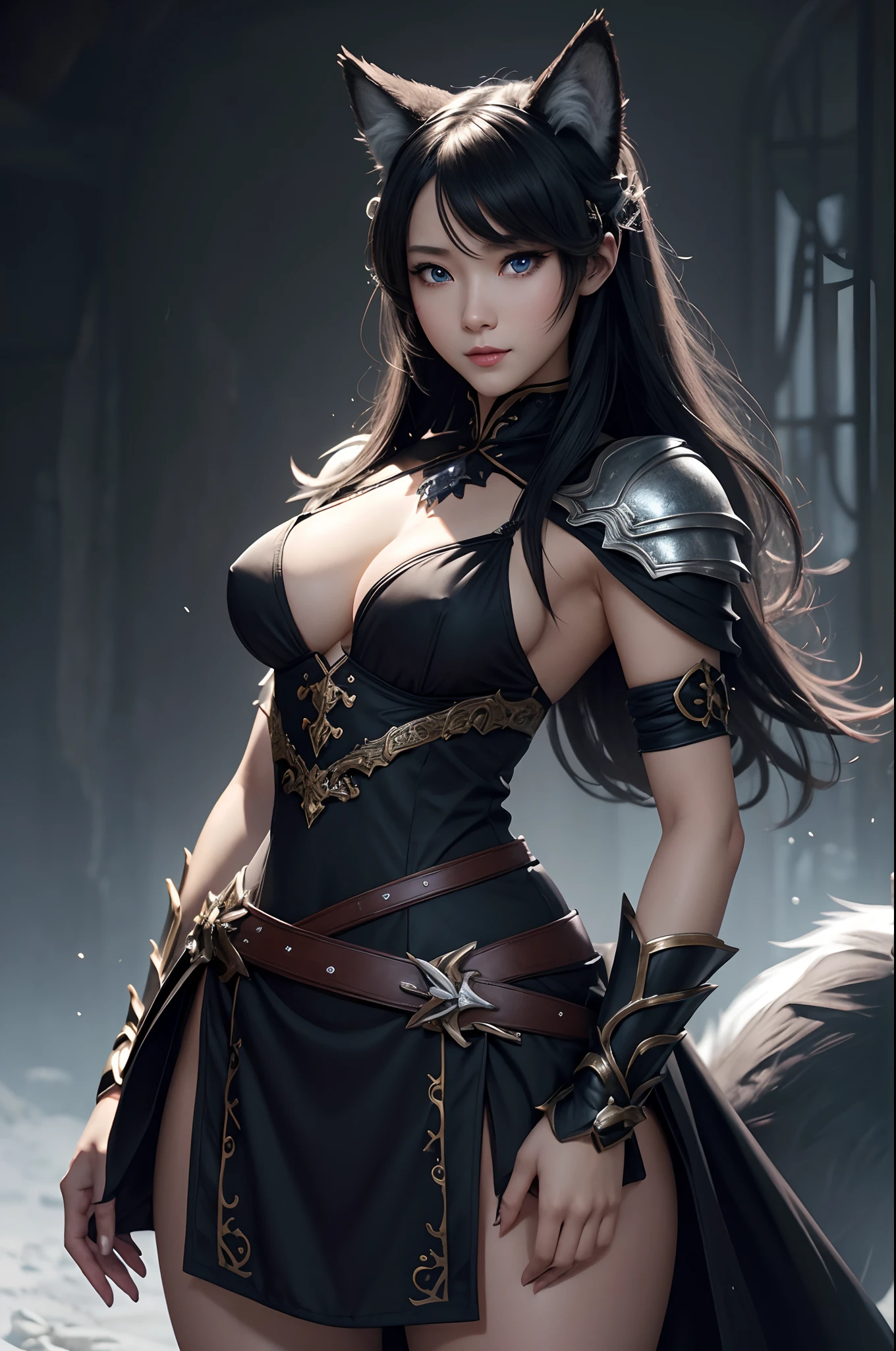 8K,Close-up of a woman in a white and black dress with very small breasts、Dark hair、Werewolf with small breasts of a girl,Super beauty,(Lifelike)Blue eyes,,assassin,Chengwei Pan on Artstation、 Yang J 作、 Intricate fantasy art、Stunning character art、 Fanart Meilleure ArtStation、 Magnificent and elaborate character art、 Maid costume、Highly detailed artgerm、 Detailed Digital Animation Art、 ArtGerm on ArtStation Pixiv、 Girl in armor、dynamic ungle、超A high resolution、a smile、real looking skin、魅惑的、A sexy、active、Wolf ears,Littles small breasts,
