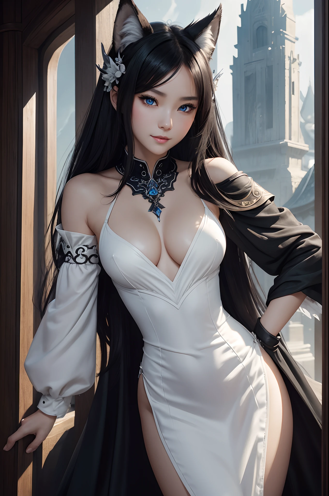 8K,Close-up of a woman in a white and black dress with very small breasts、Dark hair、Werewolf with small breasts of a  girl,Super beauty,(Lifelike)Blue eyes,,assassin,Chengwei Pan on Artstation、 Yang J 作、 Intricate fantasy art、Stunning character art、 Fanart Meilleure ArtStation、 Magnificent and elaborate character art、 Maid costume、Highly detailed artgerm、 Detailed Digital Animation Art、 ArtGerm on ArtStation Pixiv、 Girl in armor、dynamic ungle、超A high resolution、a smile、real looking skin、魅惑的、A sexy、active、Wolf ears,Littles small breasts,