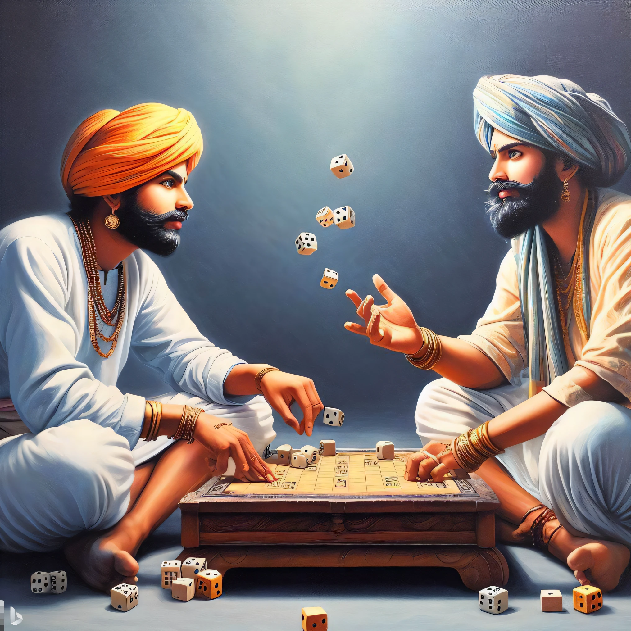 painting of two men playing a game of dice, by Sardar Sobha Singh, by Manjit Bawa, by Daryush Shokof, ghutra and egal, board game cover art, inspired by Manjit Bawa, inspired by Sardar Sobha Singh, indian art, playing board games, card game illustration, playing games, casual game