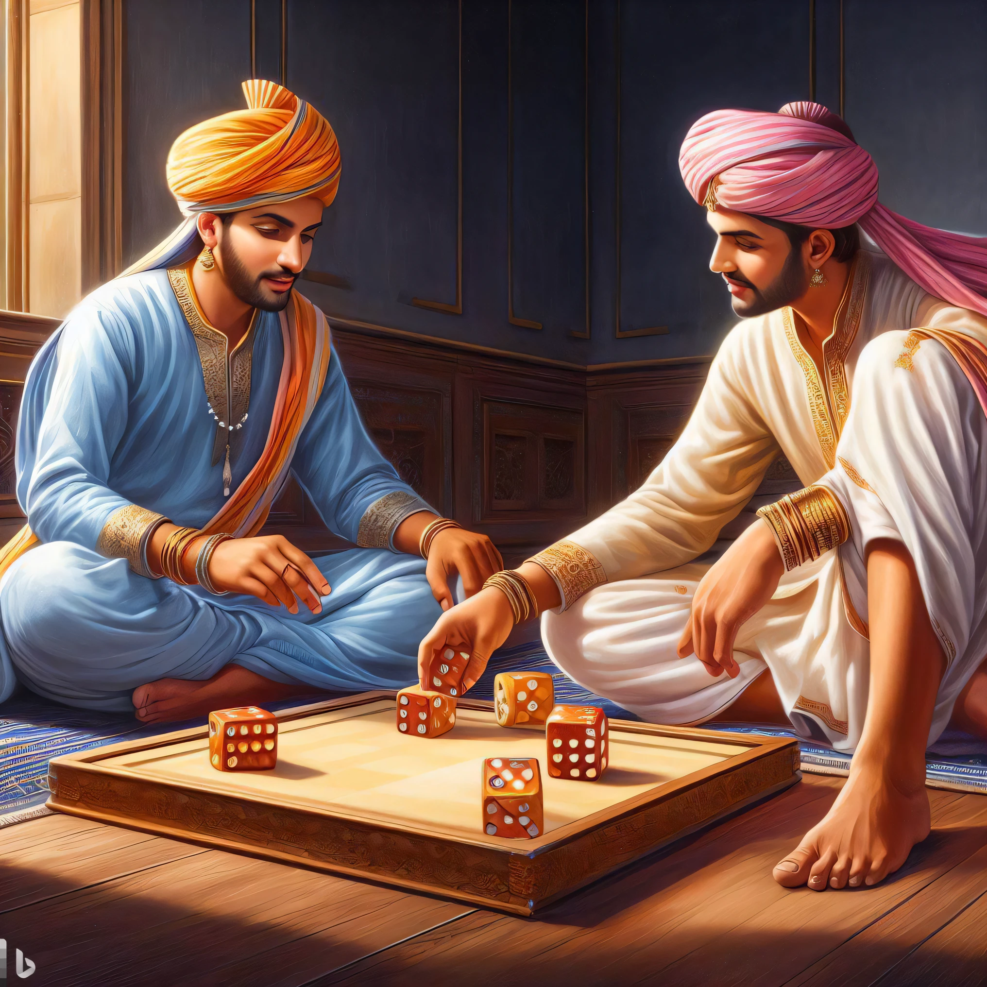 two men playing a game of dice on a wooden board, by Daryush Shokof, ghutra and egal, playing board games, by Sardar Sobha Singh, rolling dice, playing games, game illustration, card game illustration, board game cover art, !!playing chess!!, indian art, by Saurabh Jethani, traditional art, casual game