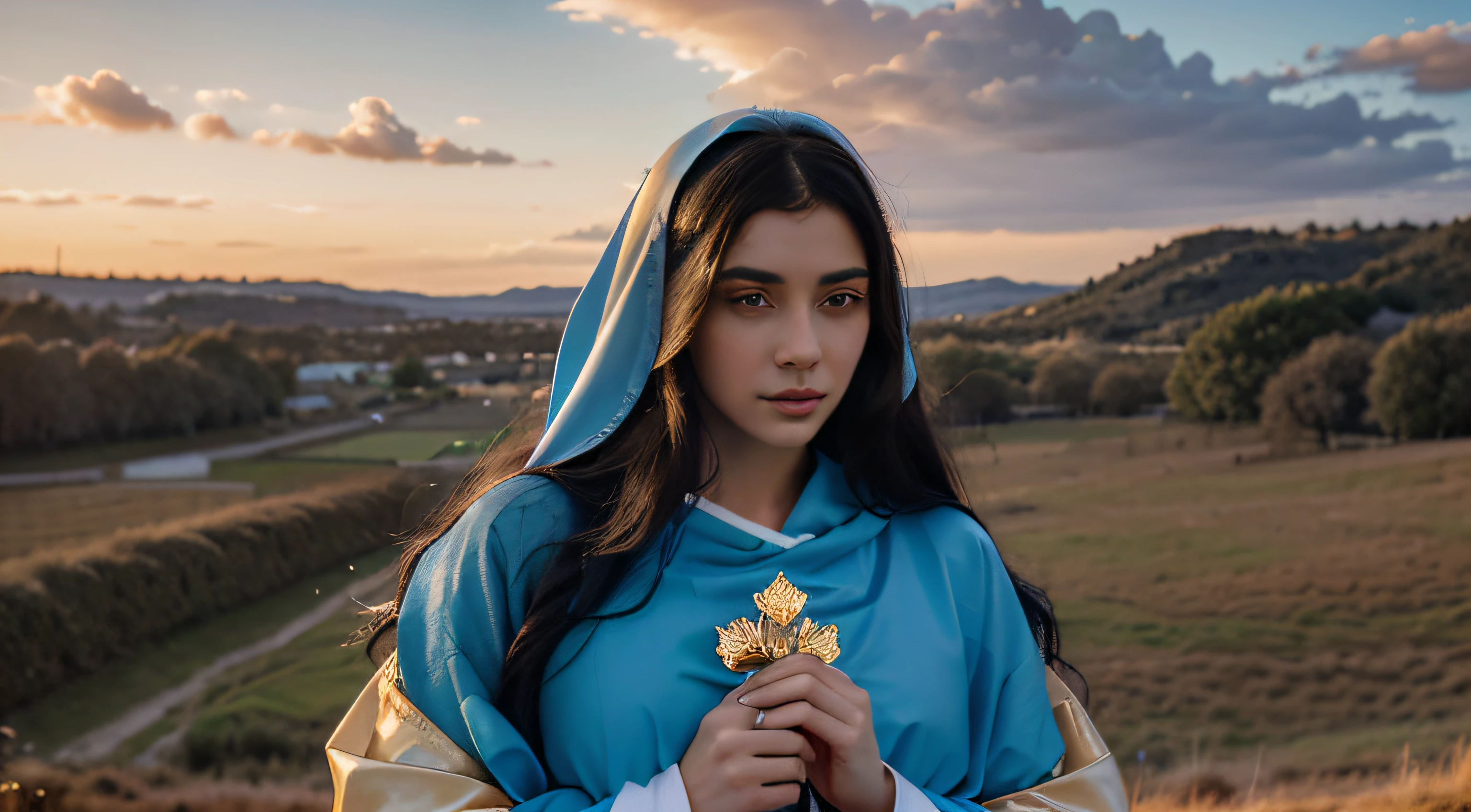 white woman, iris of the eyes in the color blue, long and black hair, rosy lips. Approximately 20 years old, dressed in robes with gold and blue rose details, wearing a blue tunic and a celestial blue veil. Behind the head of the Virgin Mary, a golden halo emanating sacred light. In an open-air location, with grass and a sky with clouds at sunset.